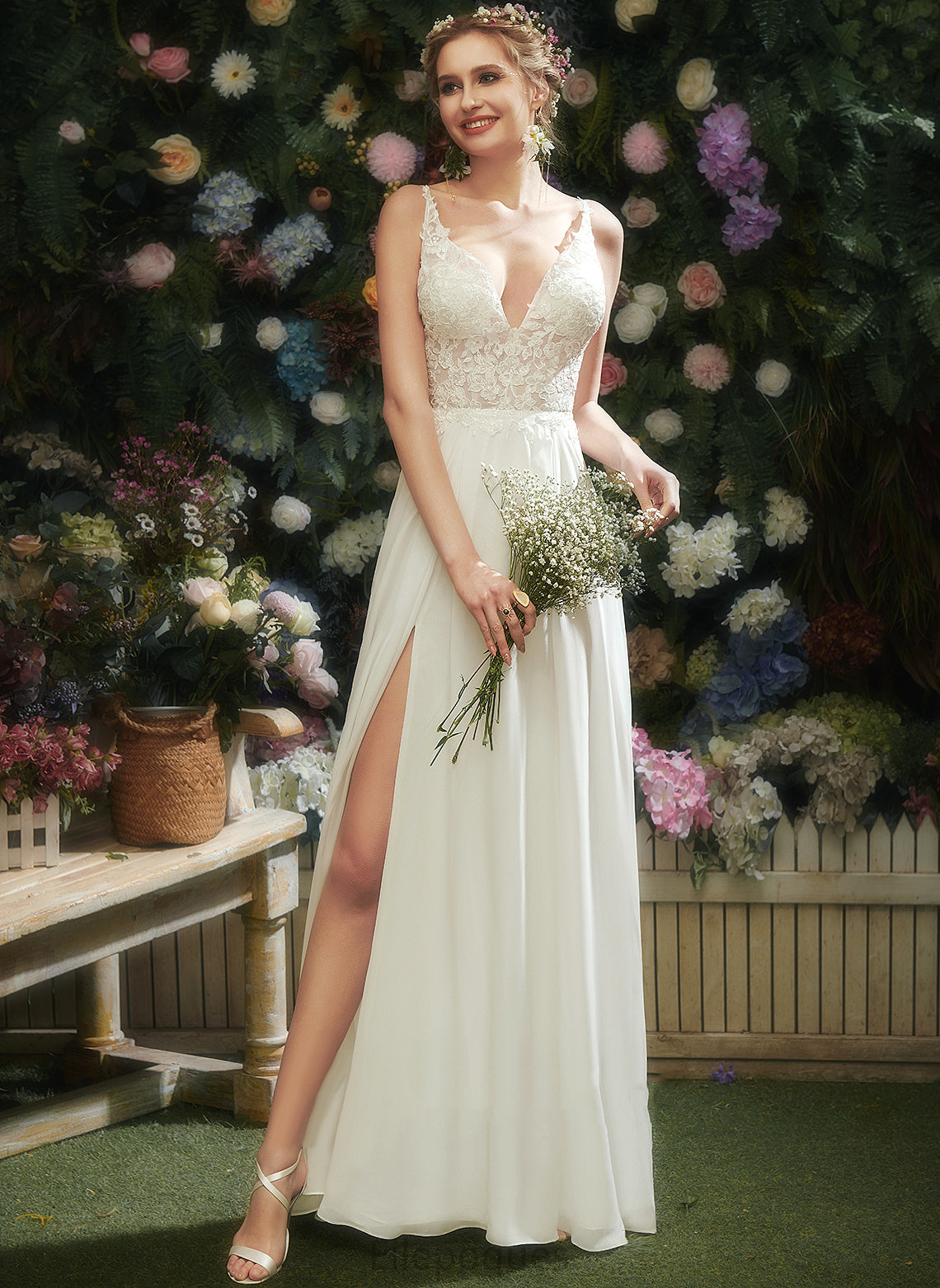 V-neck Dress Chiffon A-Line Justine Floor-Length Lace Wedding Wedding Dresses