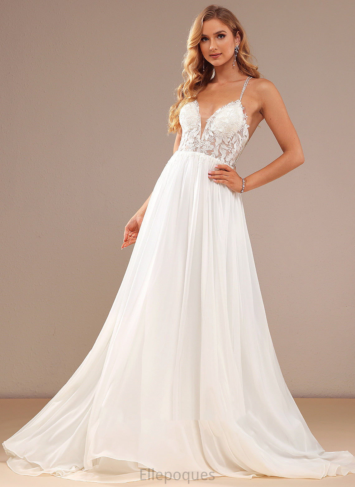 V-neck Lace Taryn Lace With Beading Sequins Dress Wedding A-Line Chiffon Train Sweep Wedding Dresses