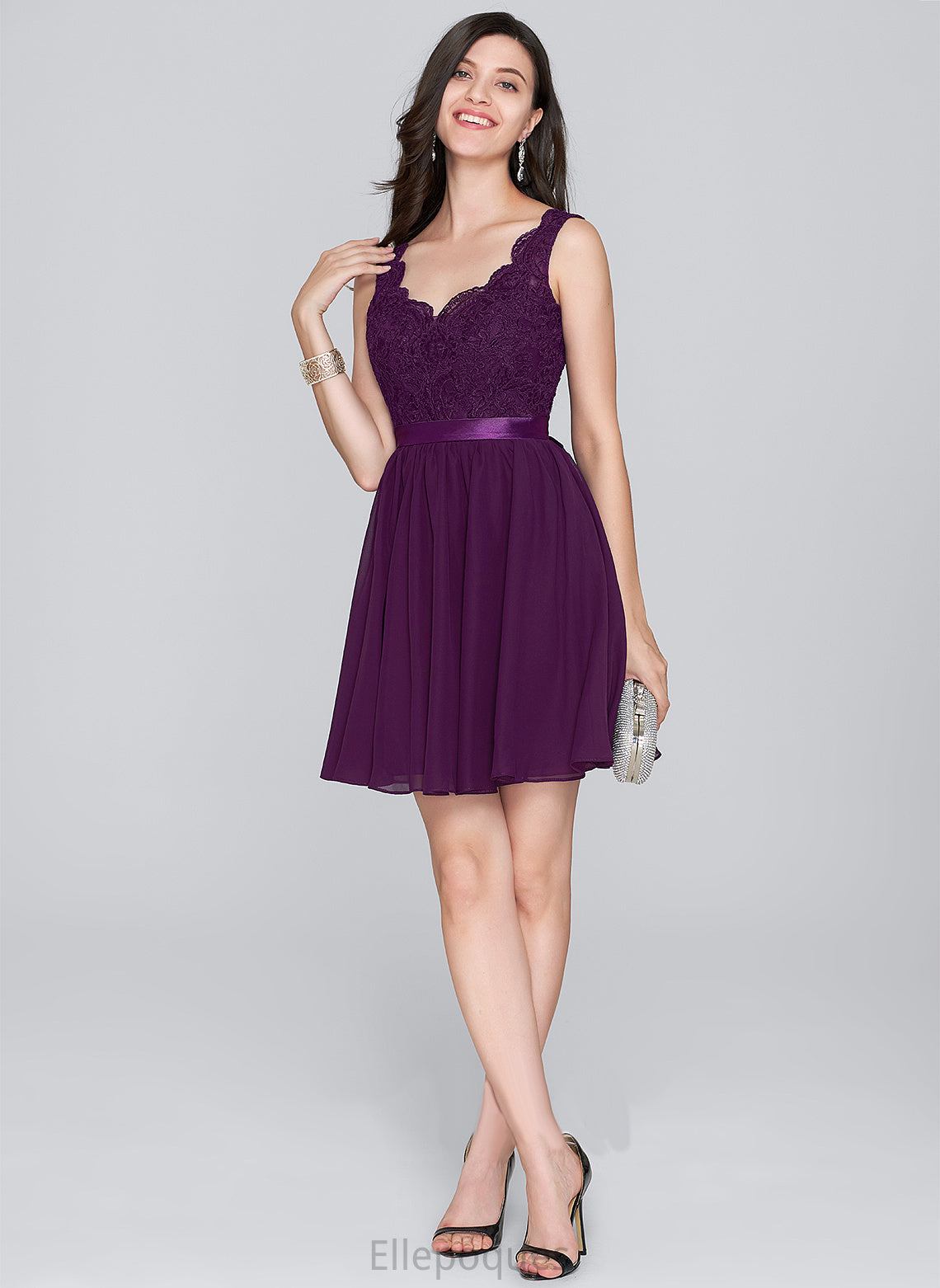 A-Line With V-neck Chiffon Homecoming Short/Mini Lace Lillianna Bow(s) Dress Homecoming Dresses