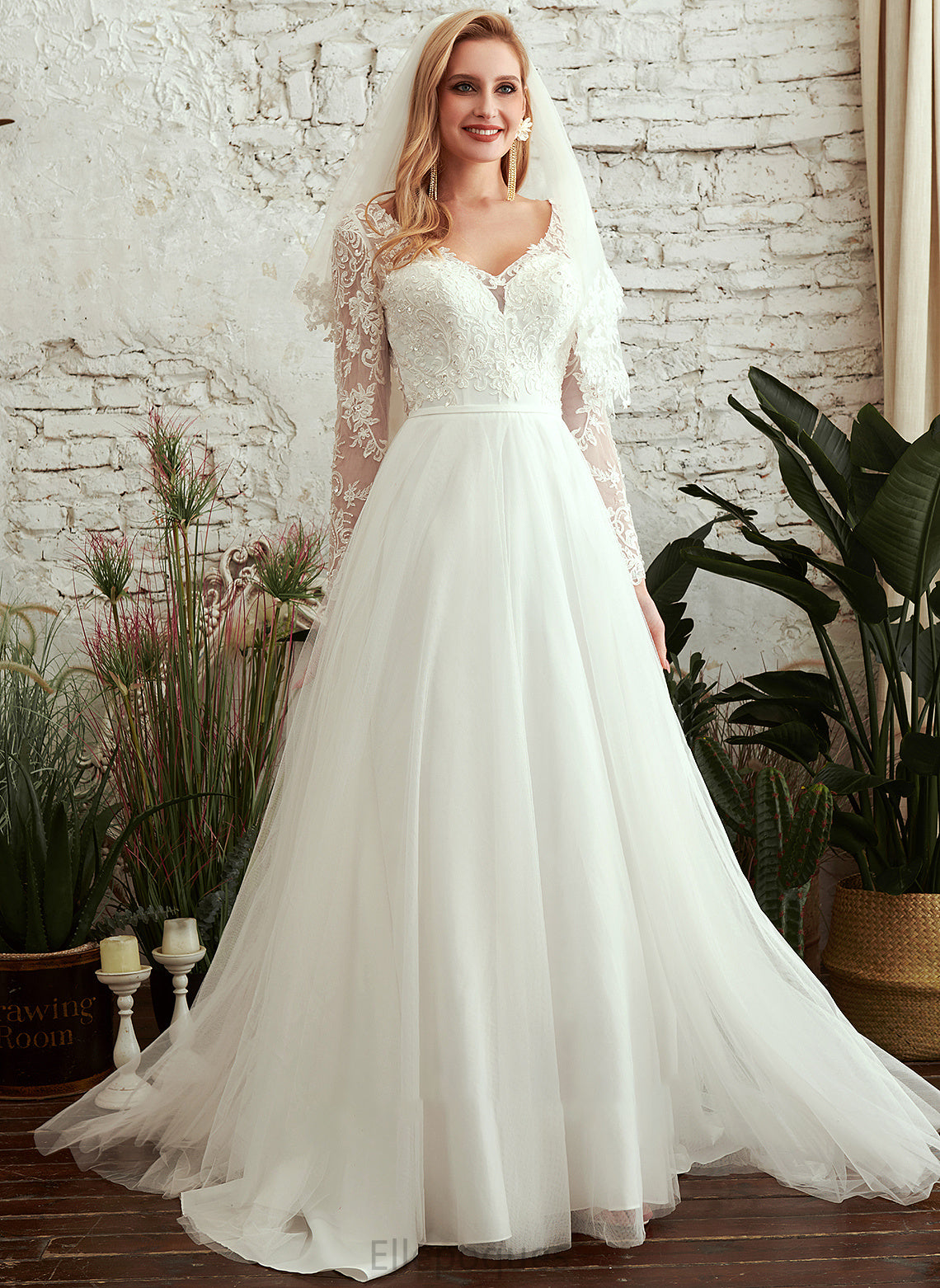 A-Line Train Dress Wedding Dresses Amya Beading Wedding Sequins V-neck With Sweep