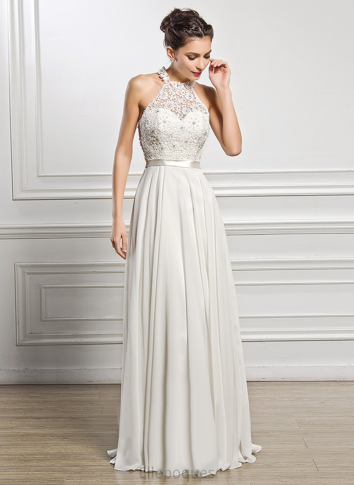 Wedding Floor-Length Wedding Dresses Chiffon A-Line Dress Lace With Angel Beading Sequins