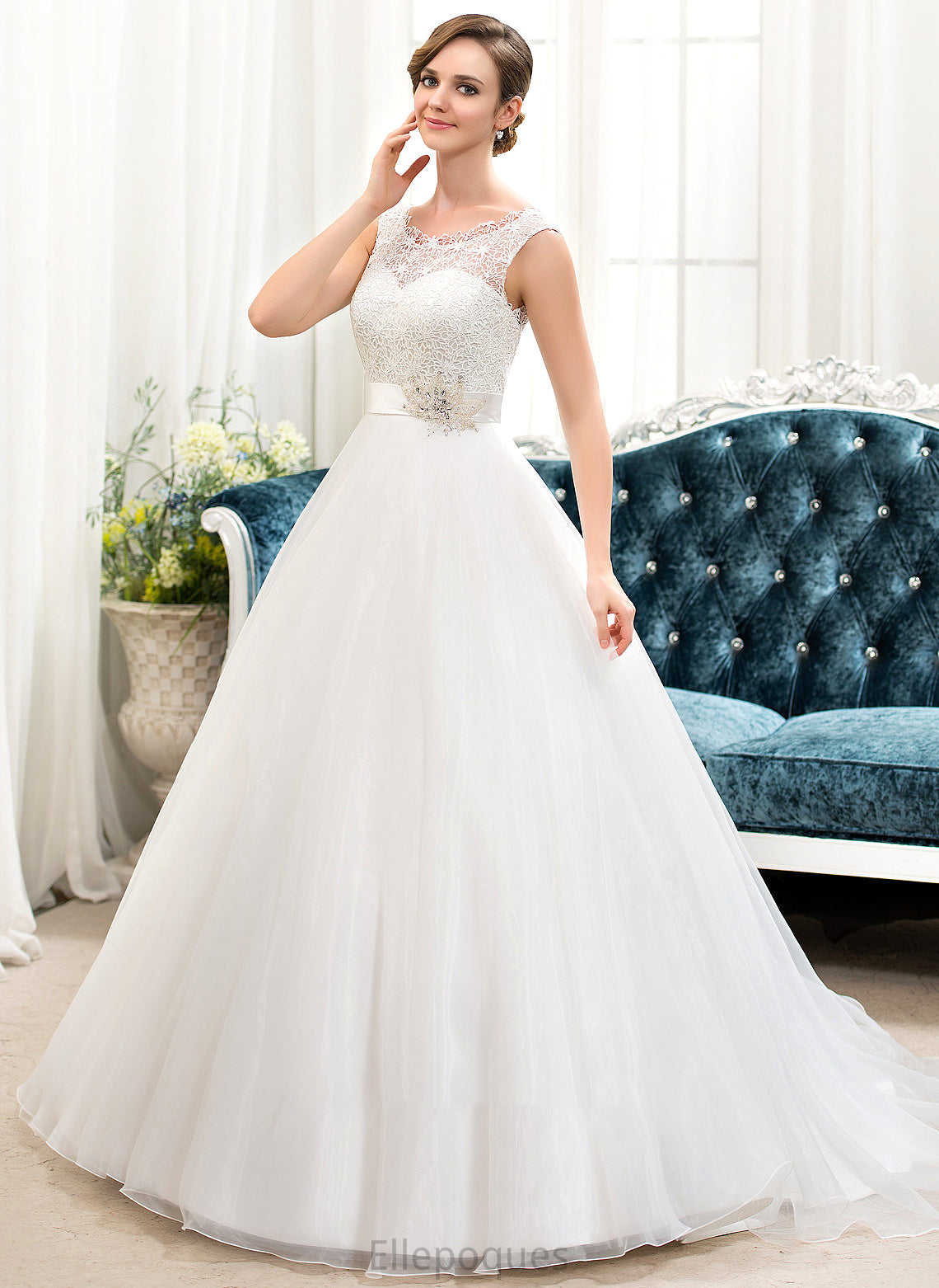 Neck With Sweep Ball-Gown/Princess Beading Organza Wedding Dresses Lace Train Dress Pearl Sequins Wedding Scoop