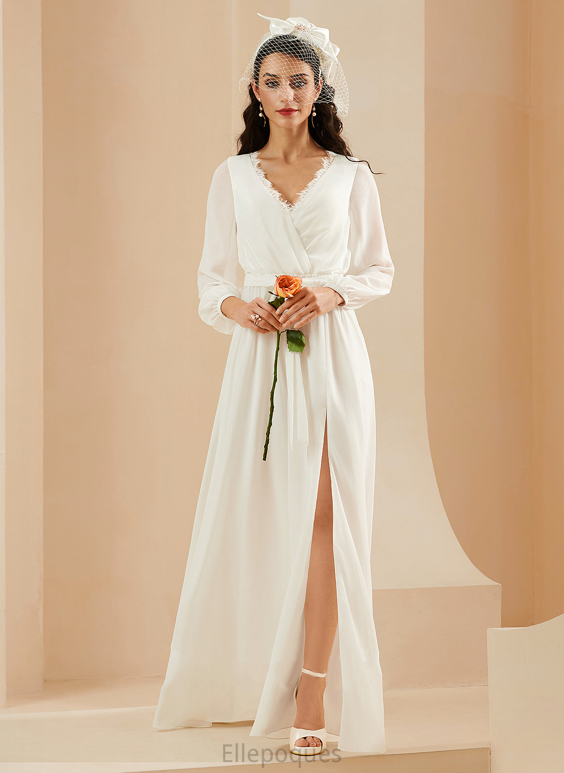 Lace Peggie Floor-Length Chiffon Wedding Dresses A-Line Dress V-neck Split Front Wedding With