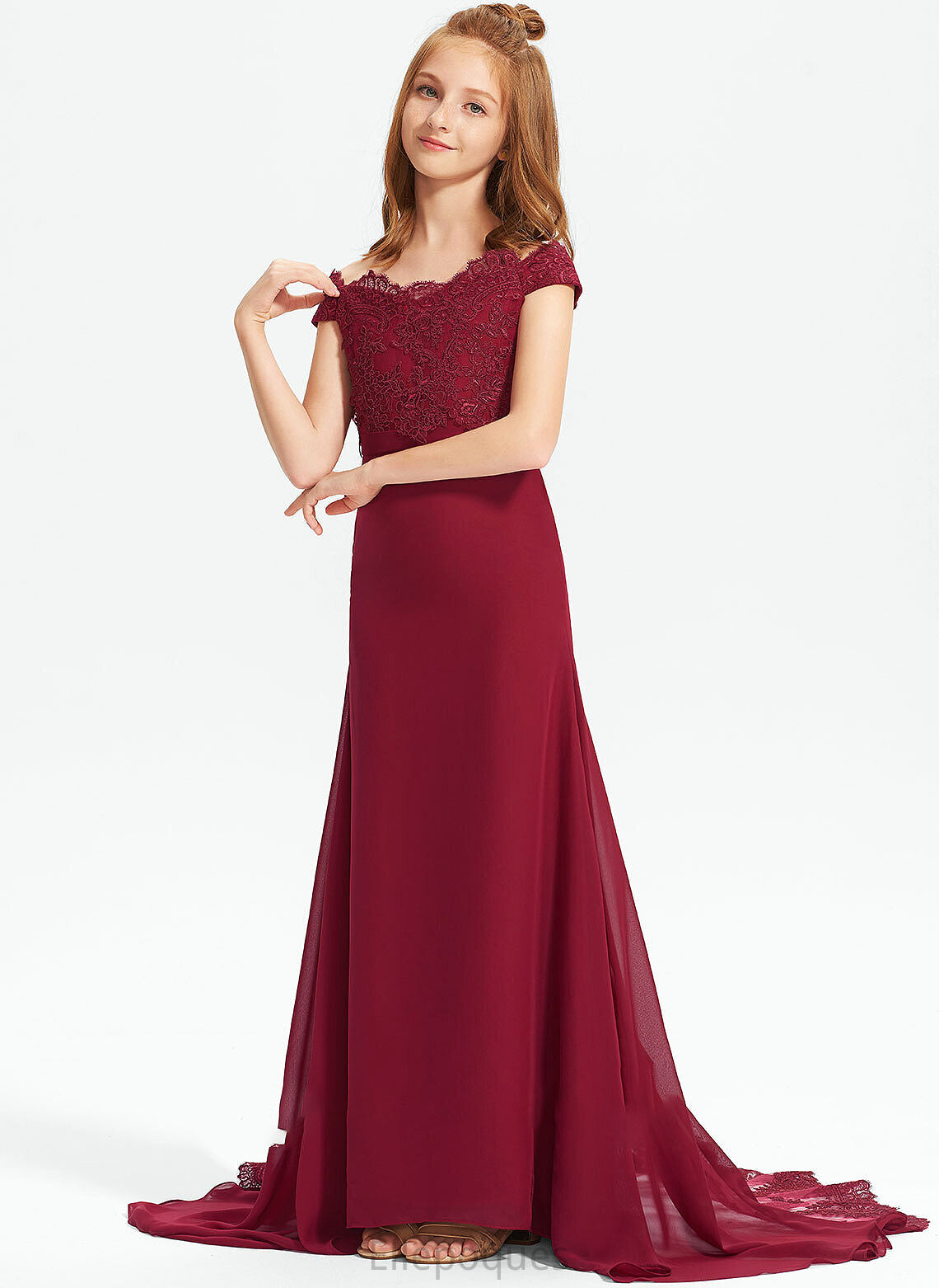 Lace Trumpet/Mermaid Macy Train Off-the-Shoulder Junior Bridesmaid Dresses Chiffon Court