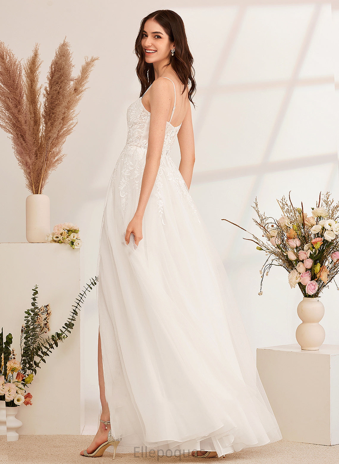 Wedding With Sweetheart Sequins Split Floor-Length Wedding Dresses A-Line Dress Shyla Front Beading