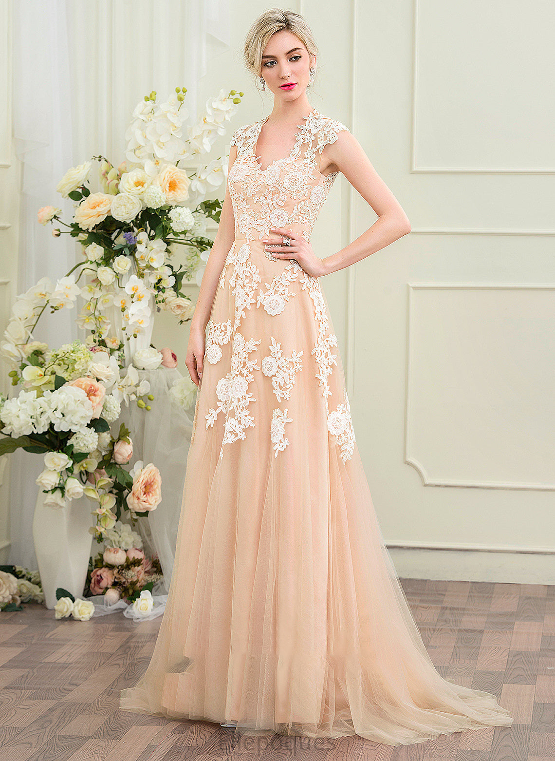 Wedding Dresses Tulle Sweep A-Line Train Alaina V-neck Dress Wedding