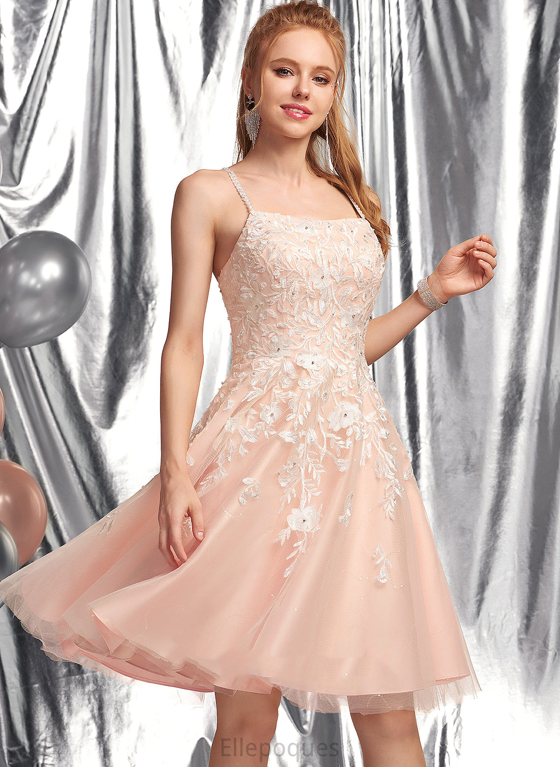 Neckline Homecoming Jillian A-Line Knee-Length With Beading Square Tulle Lace Homecoming Dresses Dress