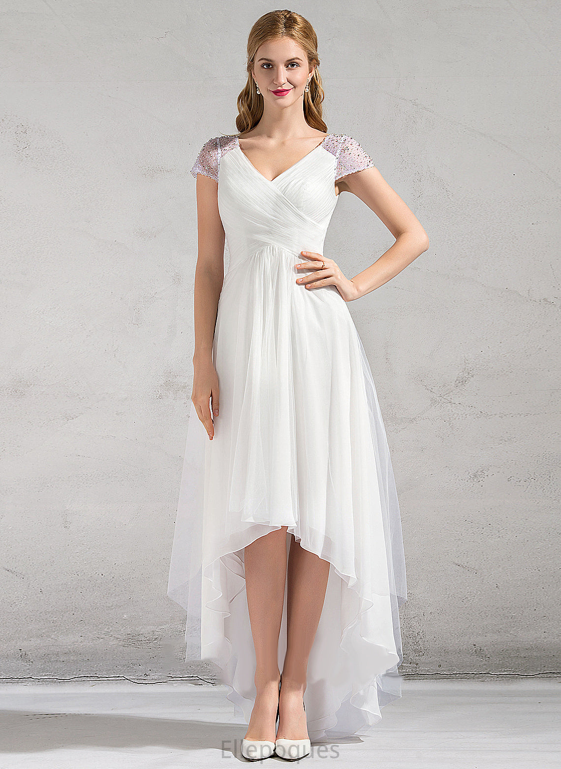 Samara Tulle Dress A-Line Wedding Dresses Ruffle Beading Sequins Wedding With V-neck Asymmetrical