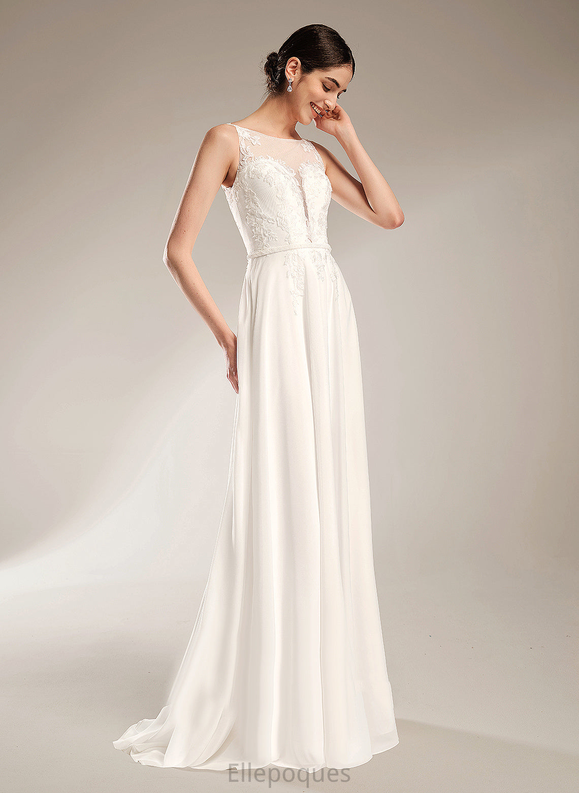 With Lace Train Camille Chiffon Dress Wedding Dresses A-Line Wedding Sequins Sweep Illusion