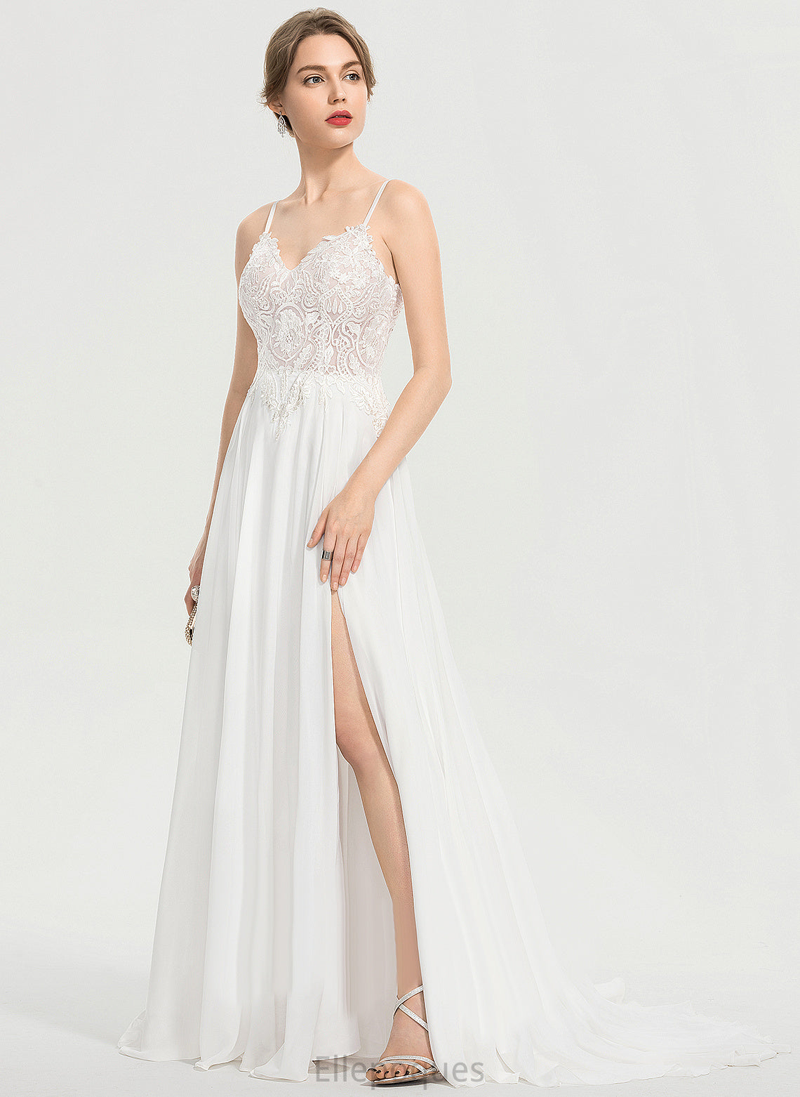 Lace Dress Front Teresa With Train Wedding Sweep Split A-Line Wedding Dresses V-neck Chiffon