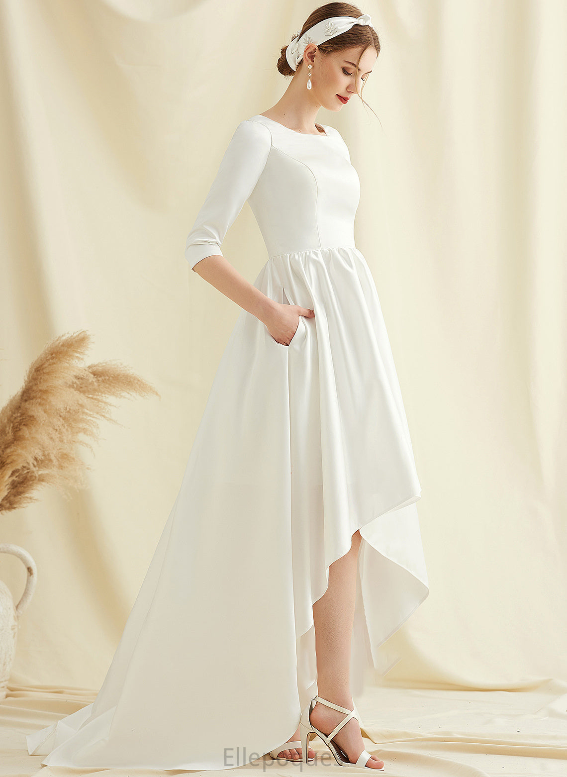 Wedding Dresses A-Line Neck Nyla Scoop Satin Wedding Asymmetrical Dress With Pockets