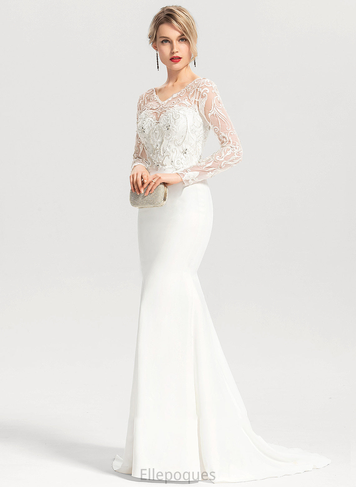 Dress Train Sweep Areli Trumpet/Mermaid Beading With Wedding Dresses Crepe Wedding Sequins Stretch V-neck