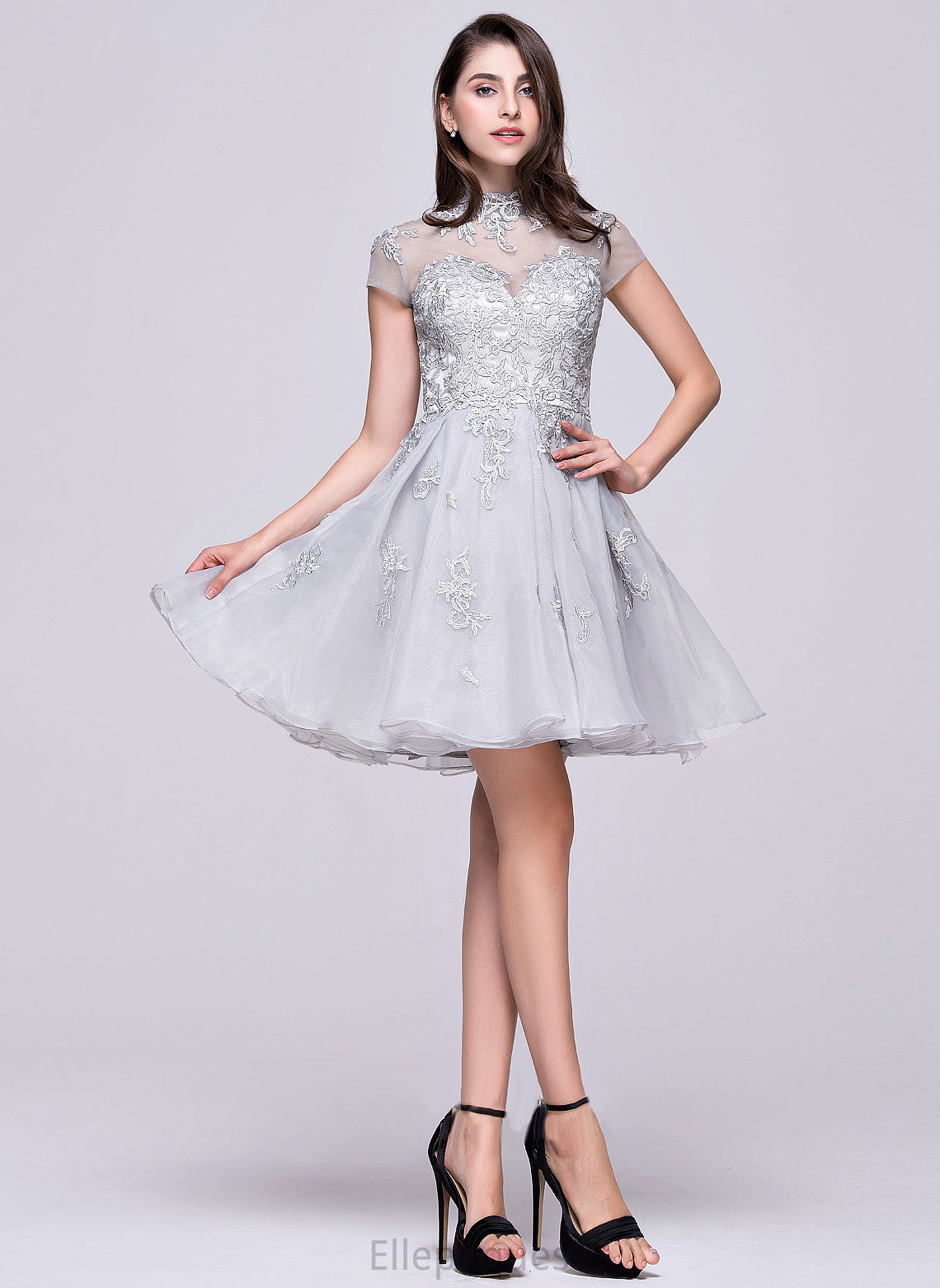 Homecoming Tulle Organza Short/Mini Lace Leticia A-Line With Appliques Neck High Homecoming Dresses Lace Dress