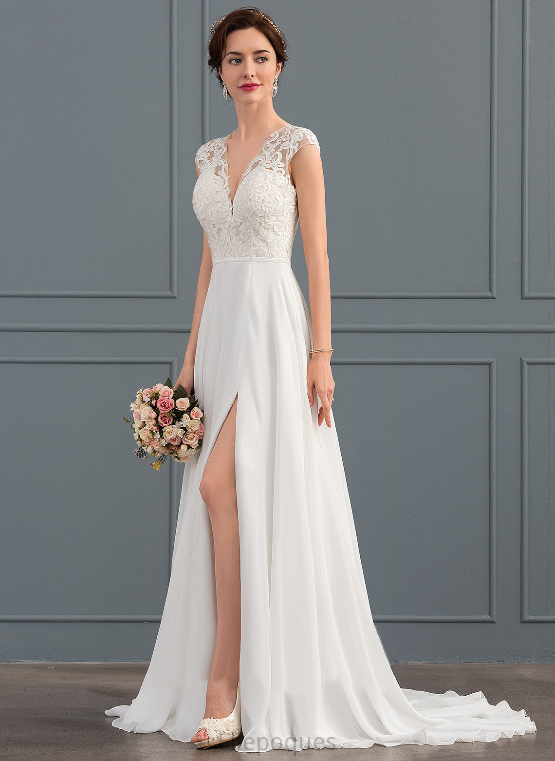 Train Sweep Wedding Chiffon Split With Wedding Dresses Heaven A-Line Front V-neck Dress Lace