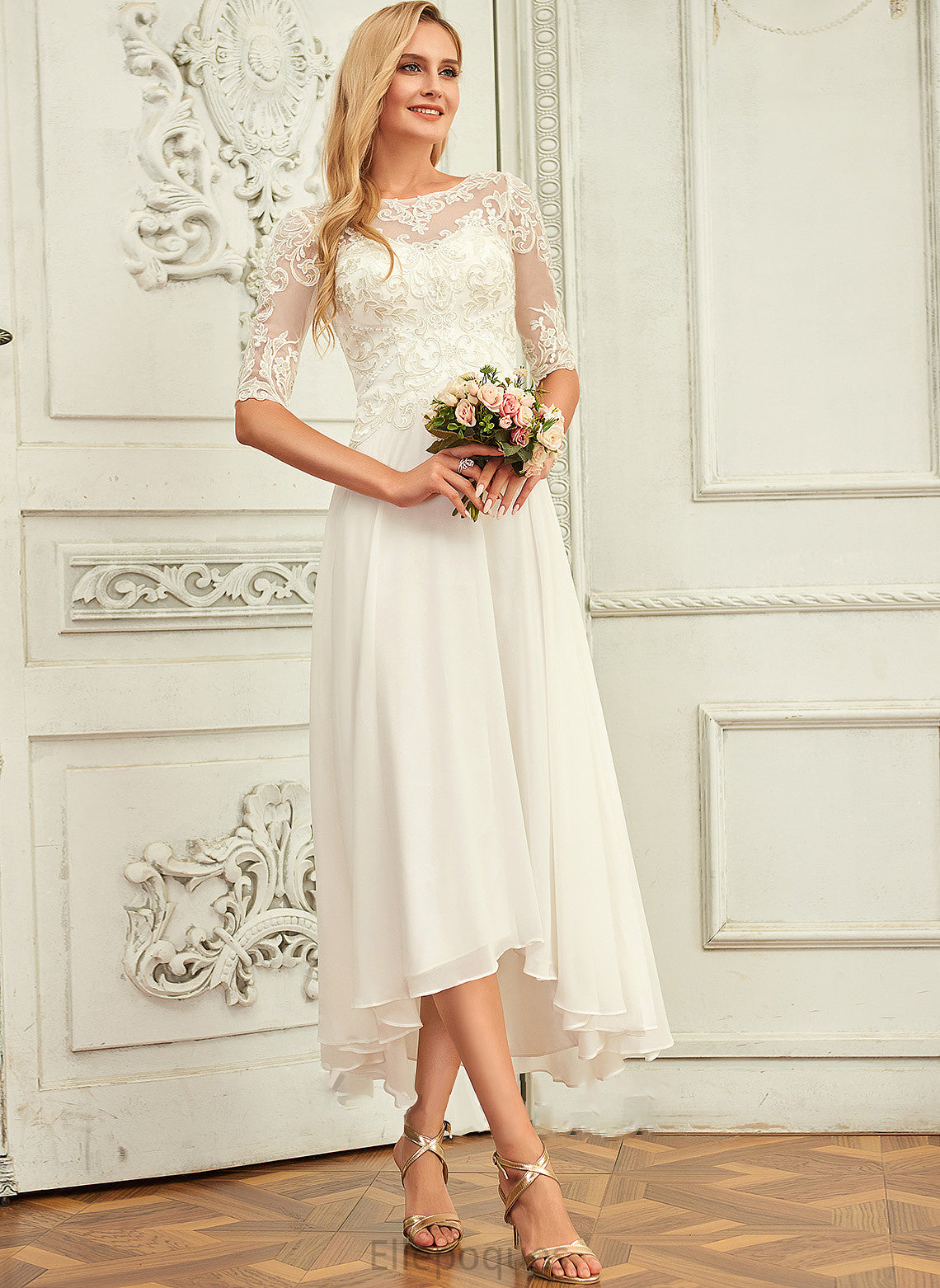 With A-Line Asymmetrical Beading Sequins Jolie Dress Wedding Chiffon Wedding Dresses Scoop Neck