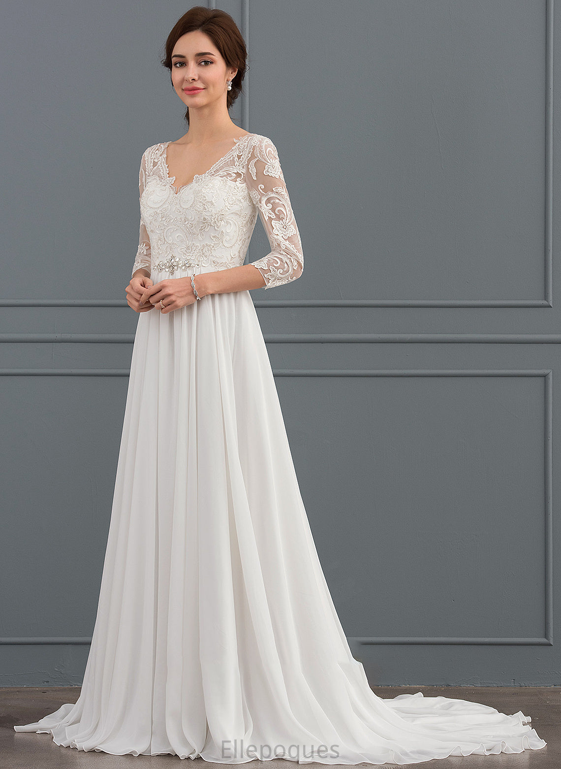 Wedding Dresses Train V-neck Dress Estrella Chiffon Beading Wedding Sweep With Lace Sequins A-Line