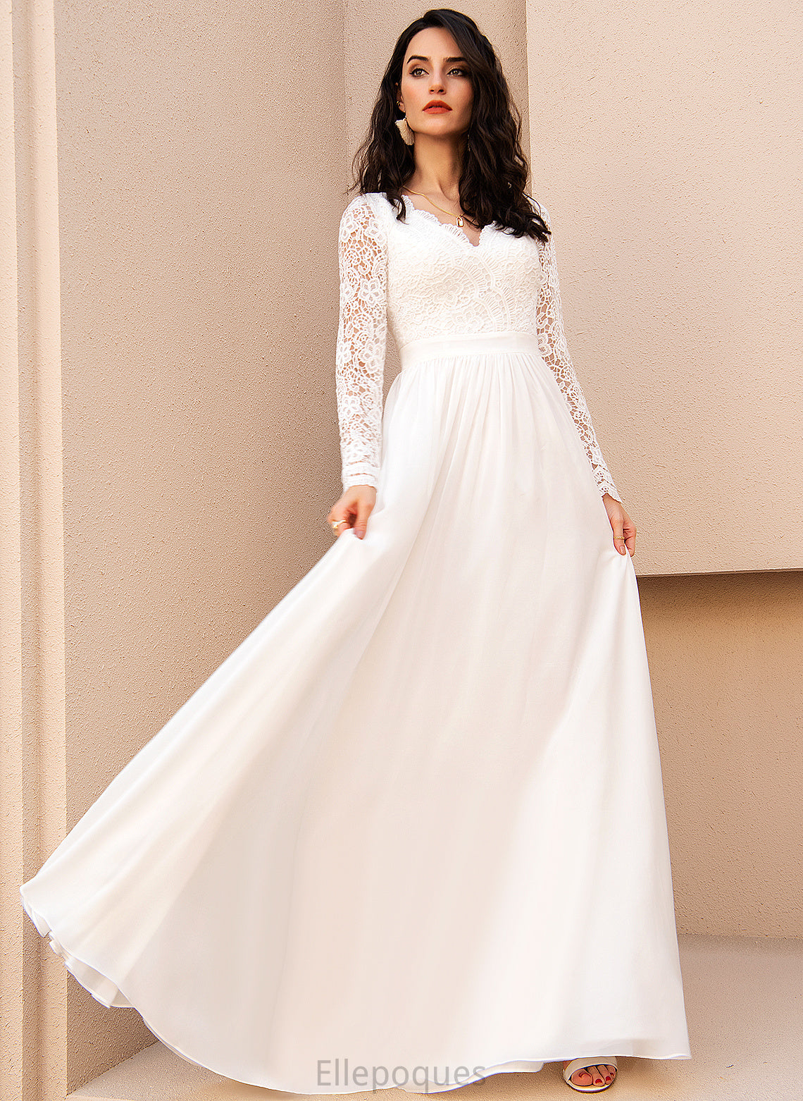 Chiffon Floor-Length A-Line Wedding Wedding Dresses V-neck Arely Dress Lace