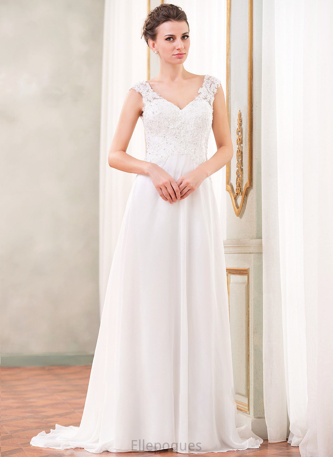 V-neck Sweep Chiffon Train Mercedes Dress Wedding Lace With Wedding Dresses Sequins Beading A-Line