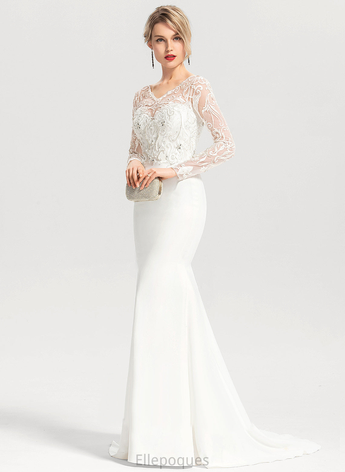 Beading Sequins V-neck Trumpet/Mermaid Wedding Crepe Wedding Dresses With Veronica Stretch Lace Dress Train Sweep