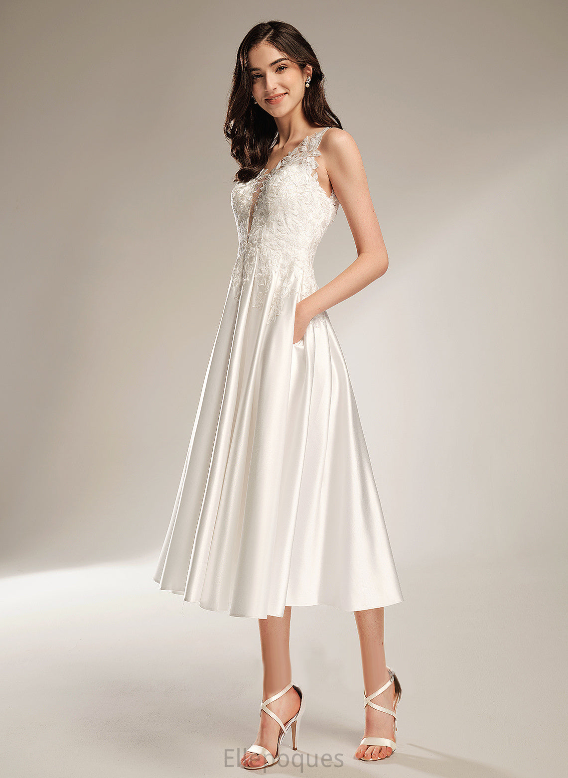 Tea-Length Dress Wedding Wedding Dresses V-neck Satin A-Line Alayna Lace