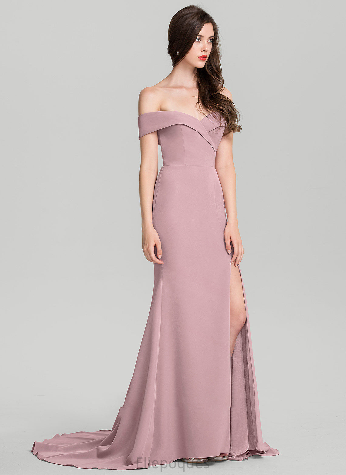 Off-the-Shoulder Train Sweep Dress Sheath/Column Stretch Wedding Eliza Wedding Dresses Crepe