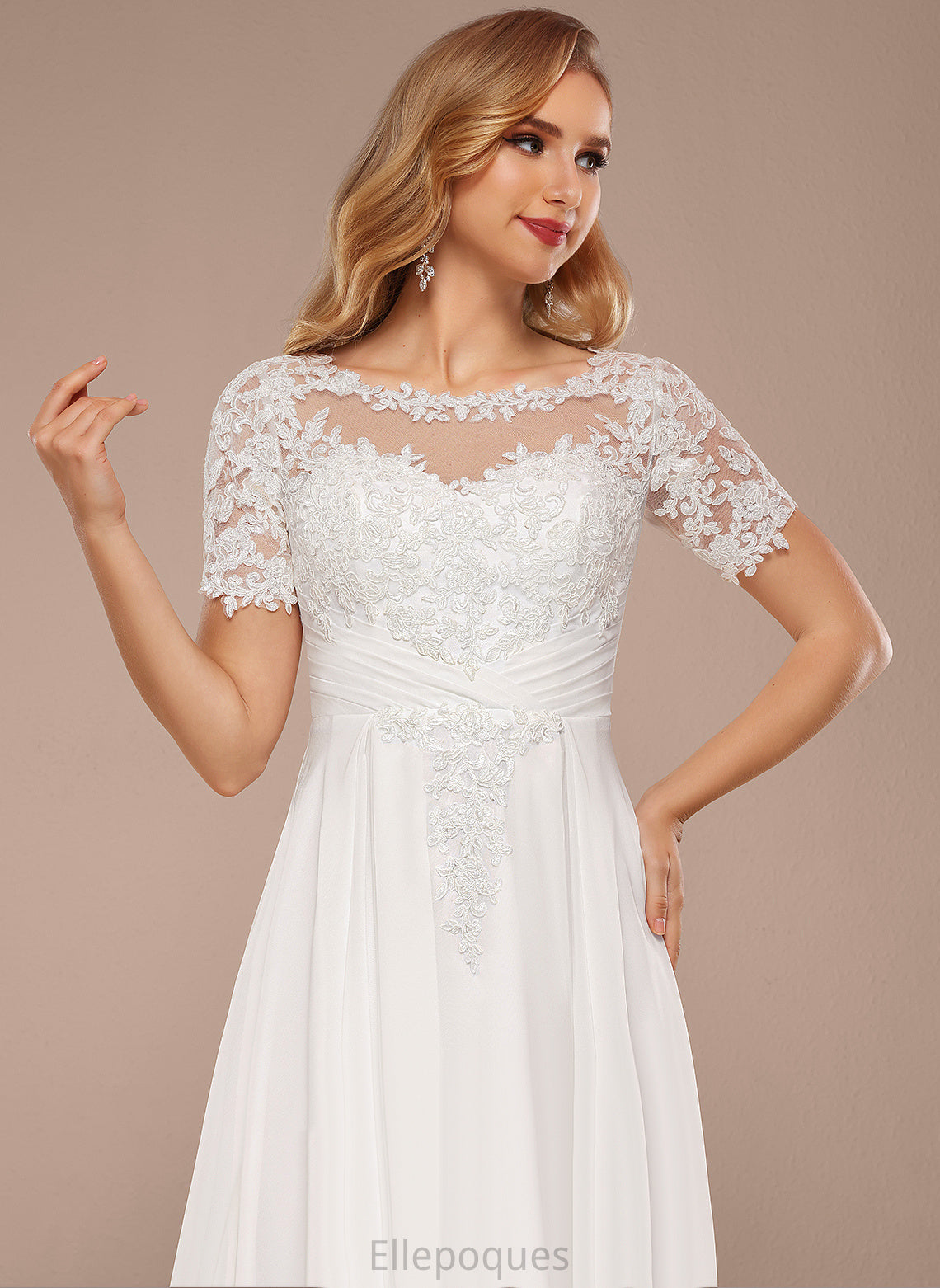 Gladys Wedding Dresses Chiffon Neck Wedding Lace Dress A-Line Boat Asymmetrical