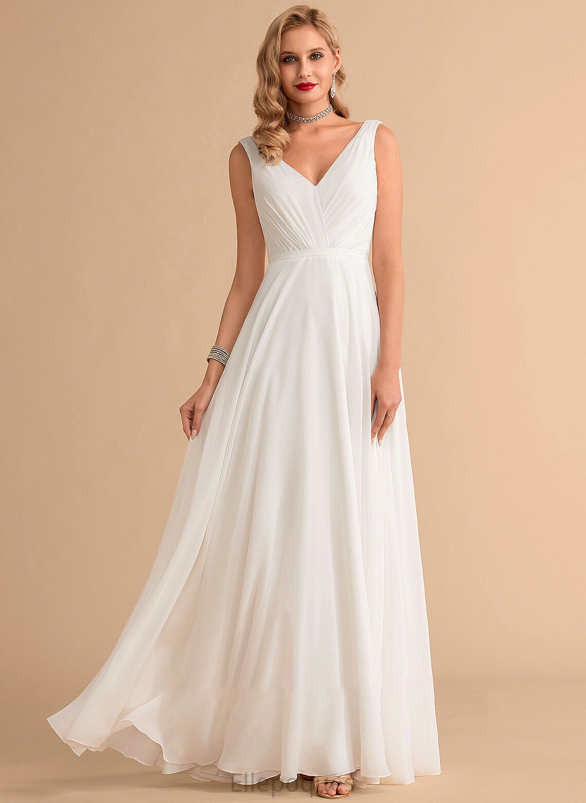 With Ruffle Elsa Floor-Length Wedding Dresses Dress A-Line Wedding Chiffon V-neck