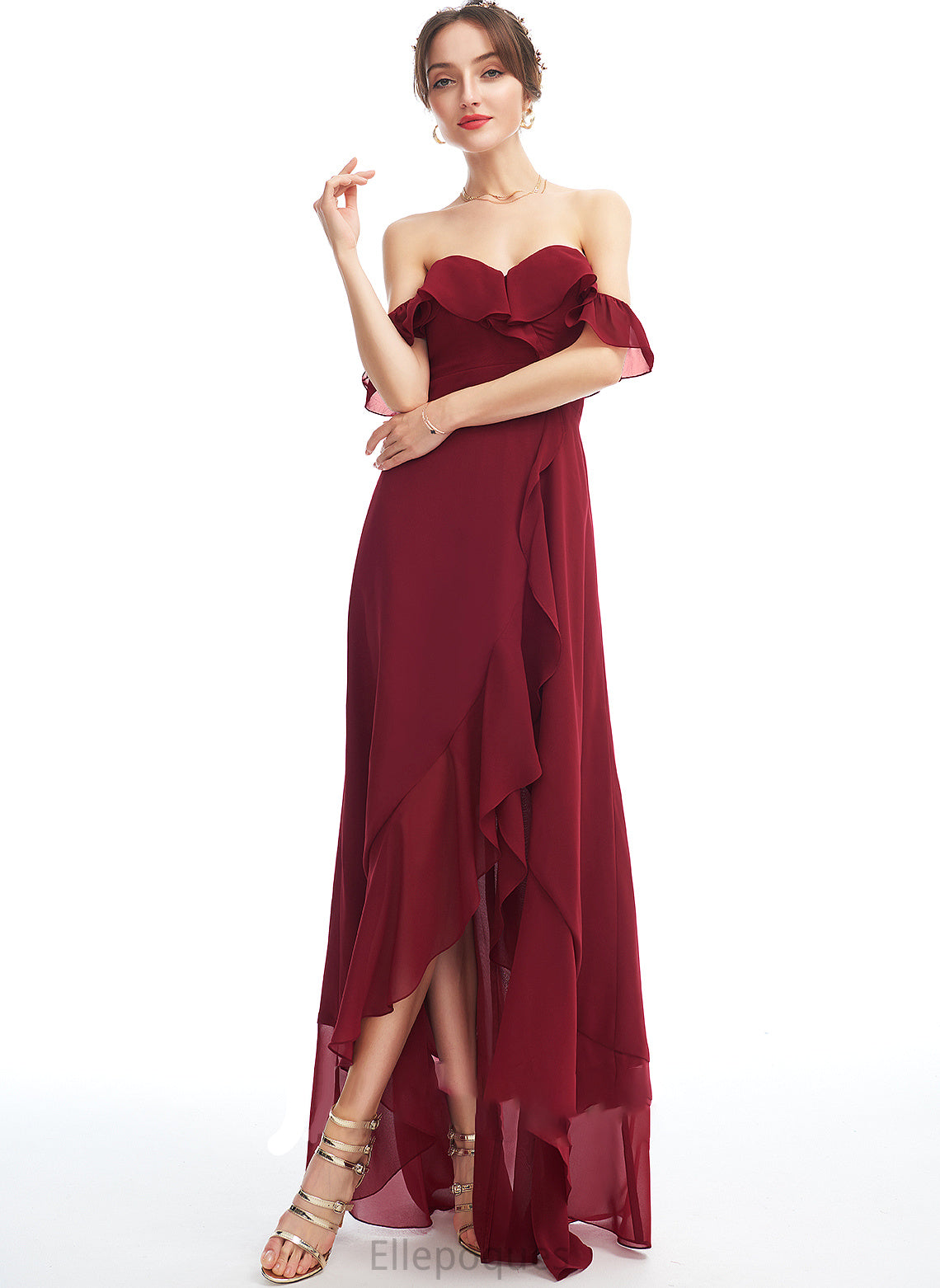 Fabric Off-the-Shoulder Ruffle SplitFront Length Asymmetrical Embellishment A-Line Silhouette Neckline Patricia Trumpet/Mermaid Bridesmaid Dresses