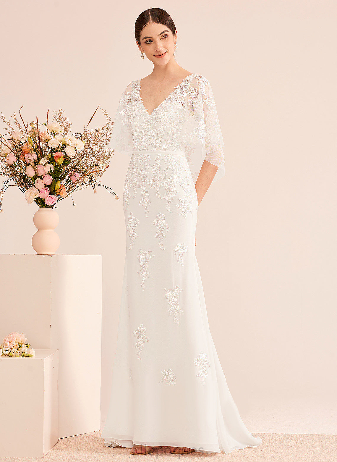 Chiffon Wedding Dresses Train With Trumpet/Mermaid Lace Wedding Court V-neck Bethany Sash Dress