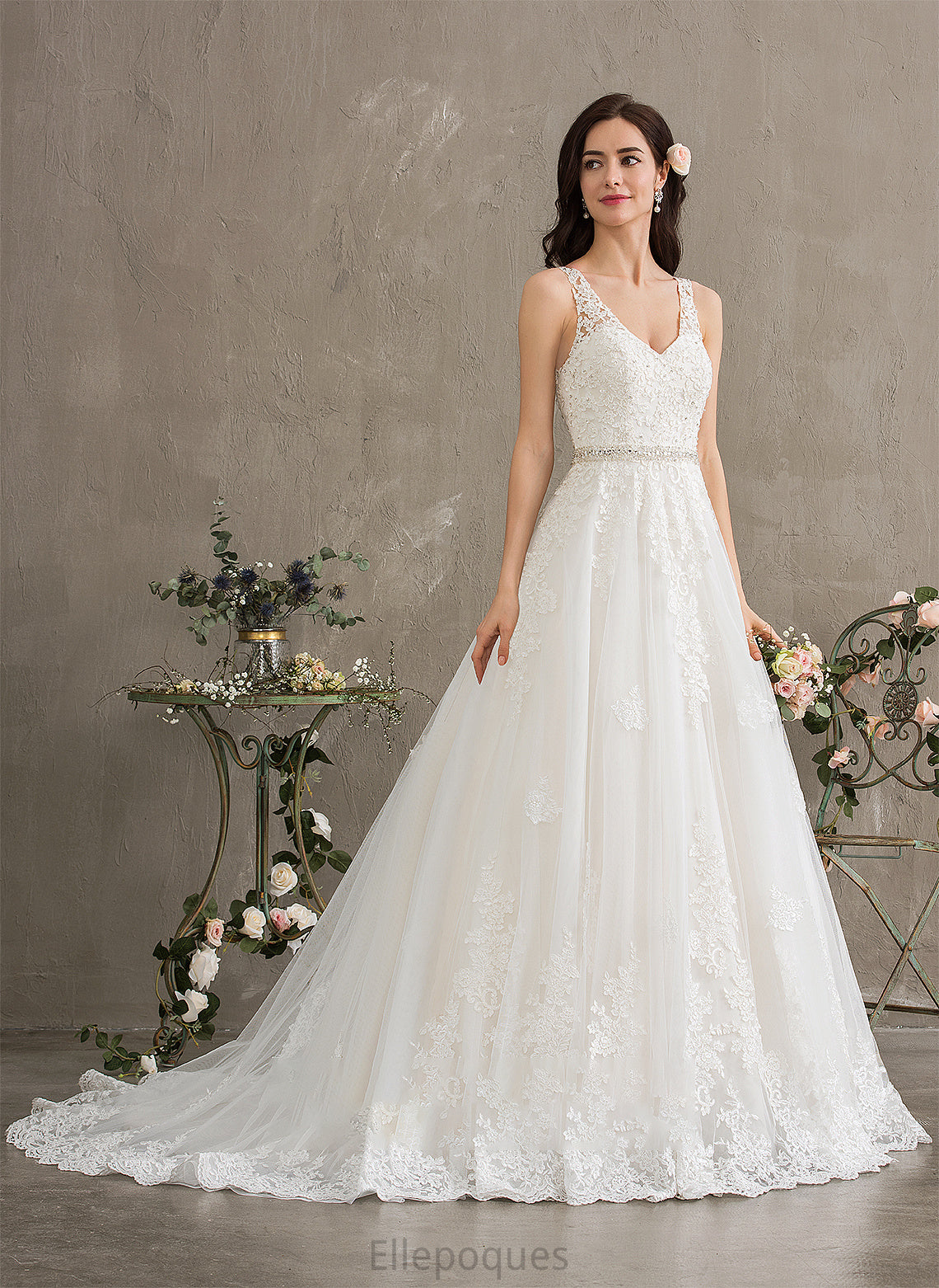 Court Ball-Gown/Princess Wedding Dresses Train Sequins V-neck Beading Dress Alexandra Tulle Wedding With