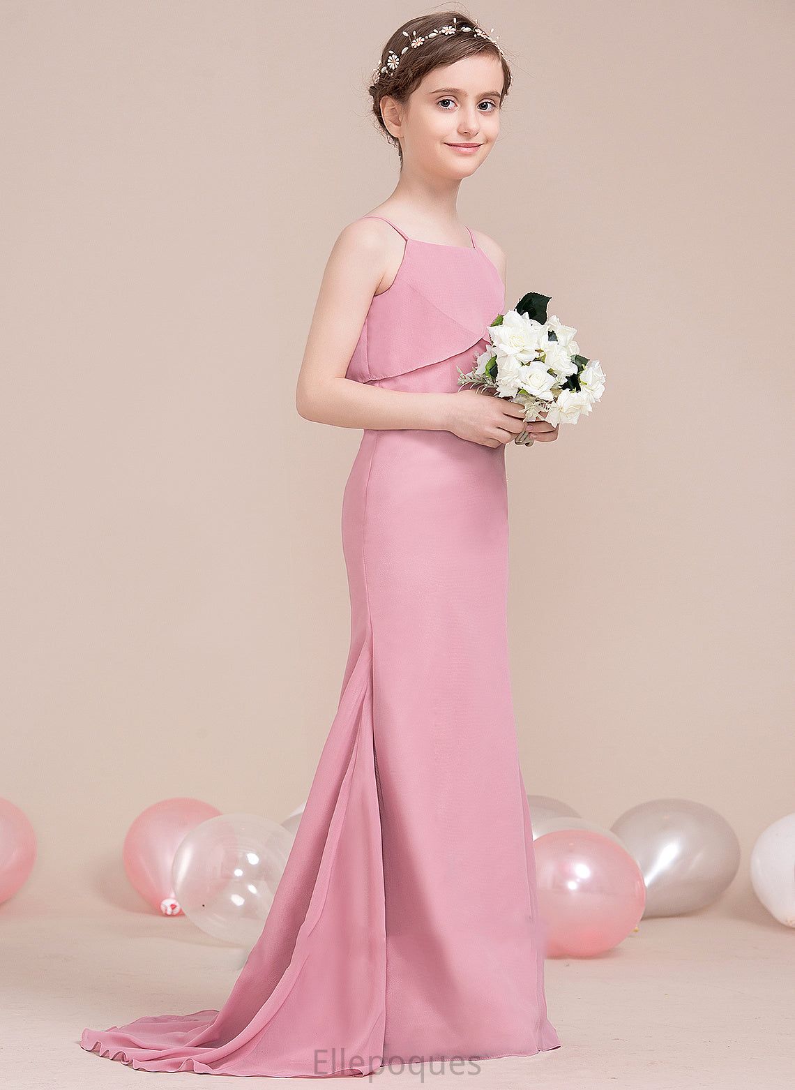 Chiffon Trumpet/Mermaid With Sweep Square Millie Junior Bridesmaid Dresses Train Cascading Neckline Ruffles