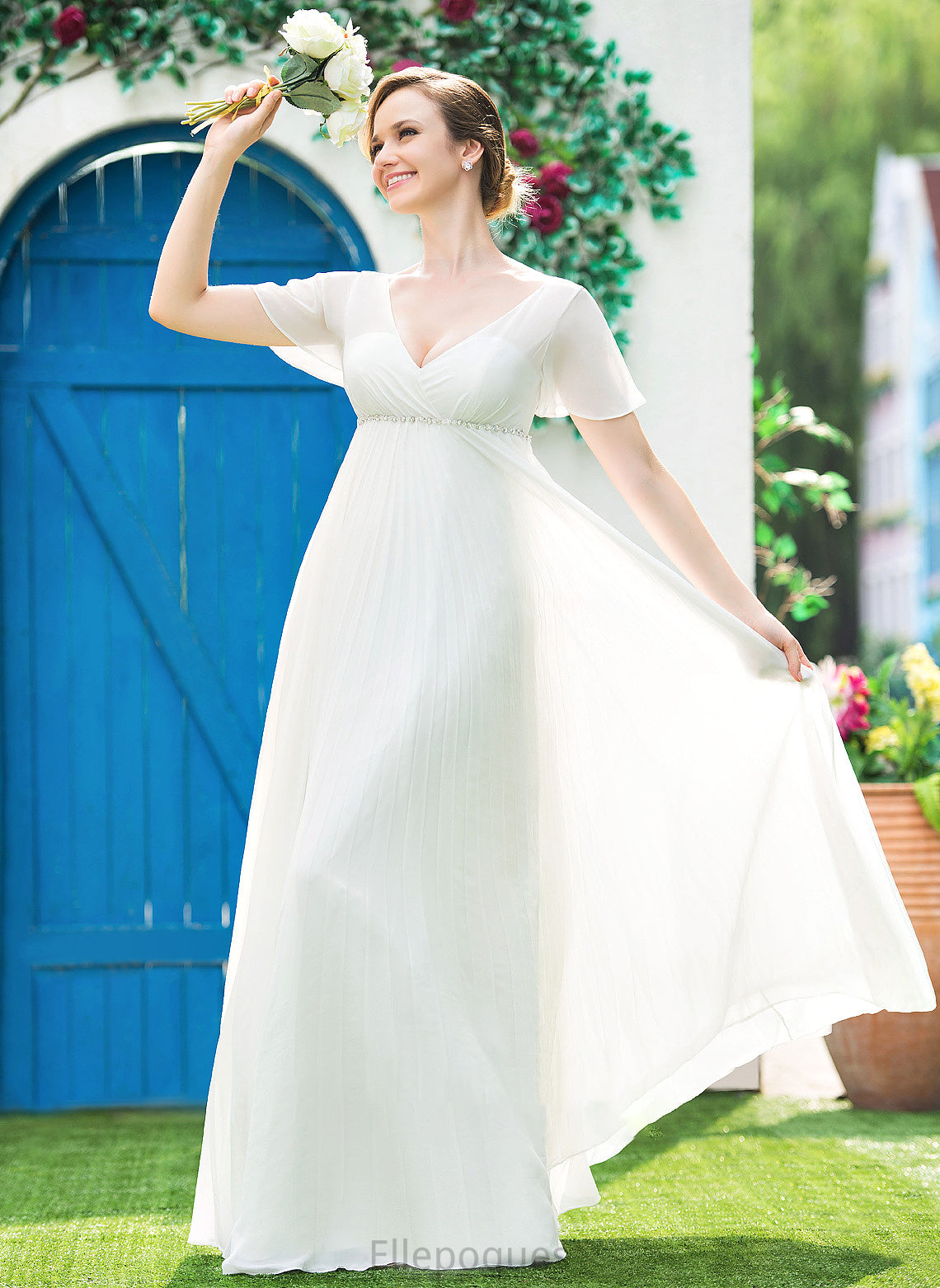 Floor-Length Beading Julissa Wedding With Pleated Wedding Dresses V-neck Chiffon Dress Empire