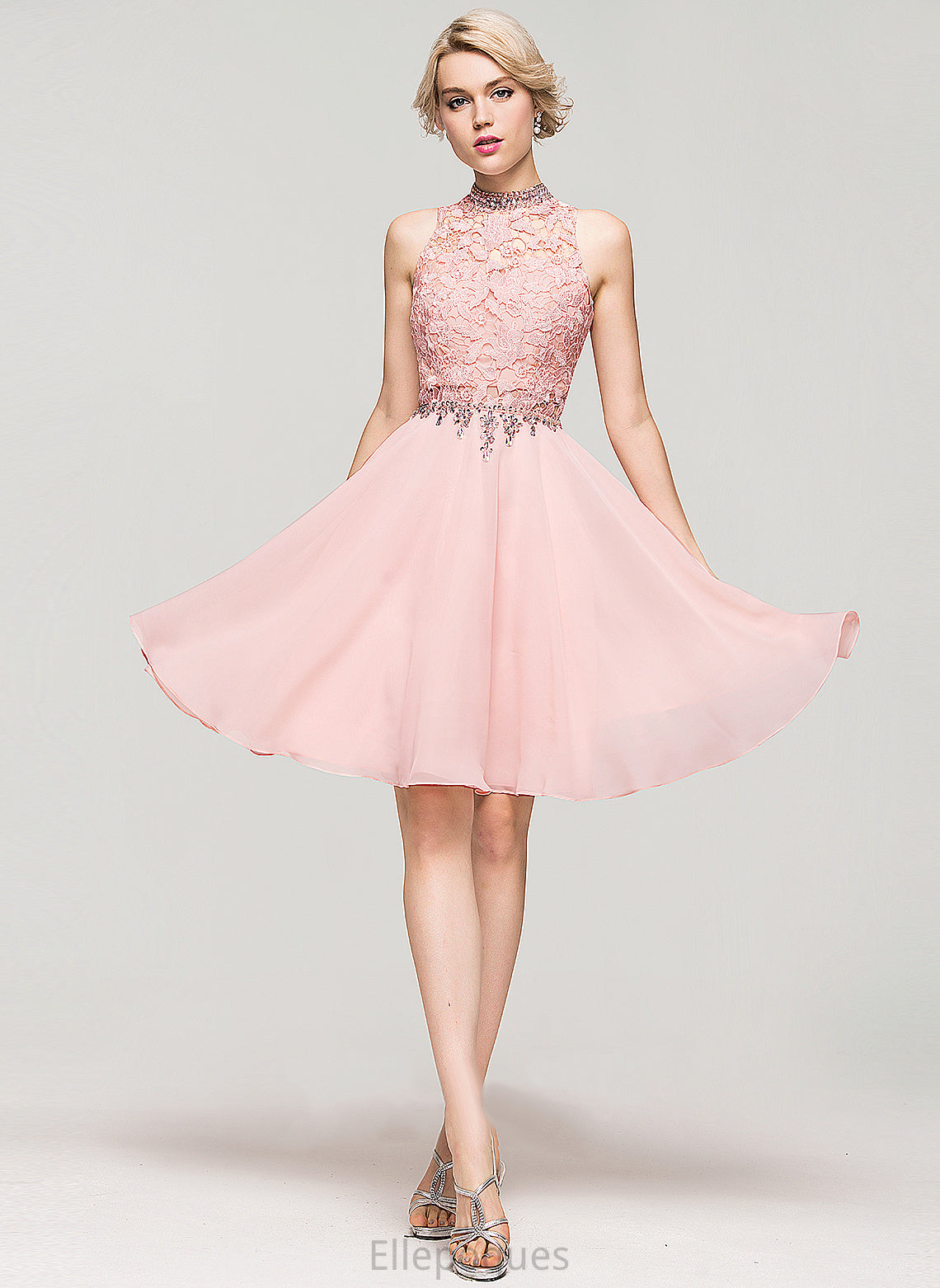 High Homecoming Dresses Chiffon With Knee-Length Beading Neck Vivian Homecoming Dress Sequins Lace A-Line