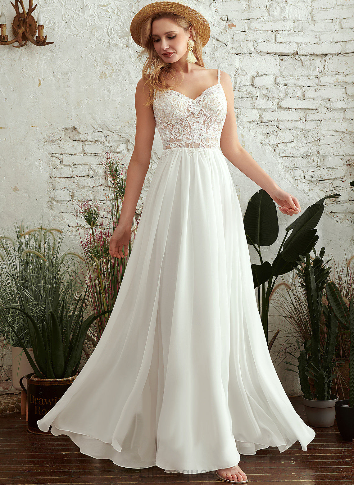 Dress Chiffon Wedding Dresses Beading Lace V-neck Roselyn A-Line Wedding Floor-Length With