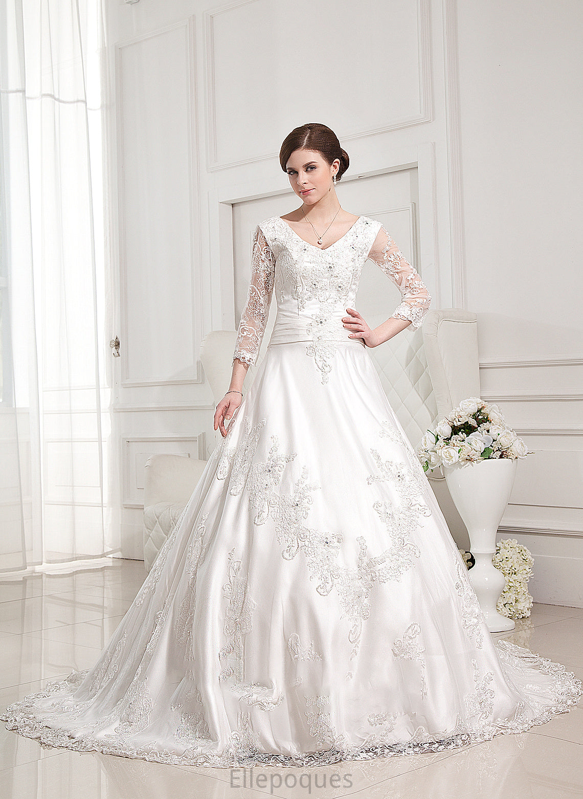 Appliques Ball-Gown/Princess Mariah Chapel Dress Train Satin With Beading Lace V-neck Wedding Wedding Dresses