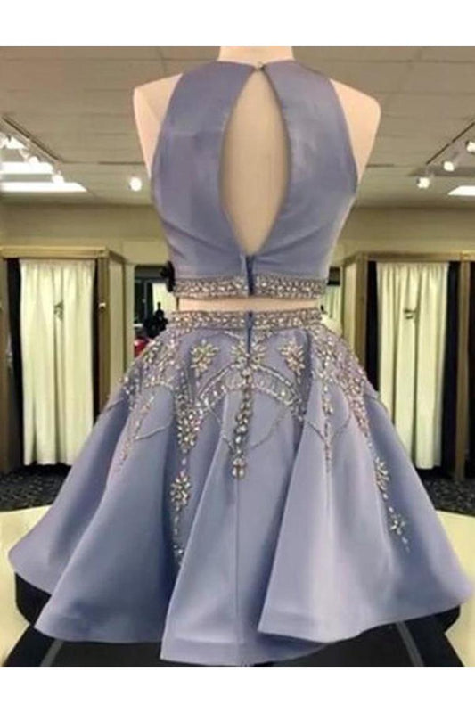 A Line 2 Pieces Beaded Satin Short Homecoming Dresses Scoop