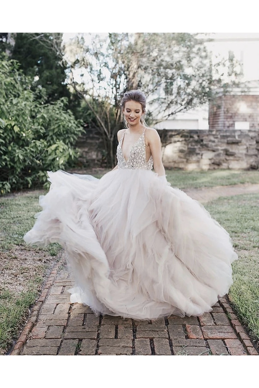 Ball Gown Sexy Deep V-Neck Beaded Bodice Rustic Wedding Dress