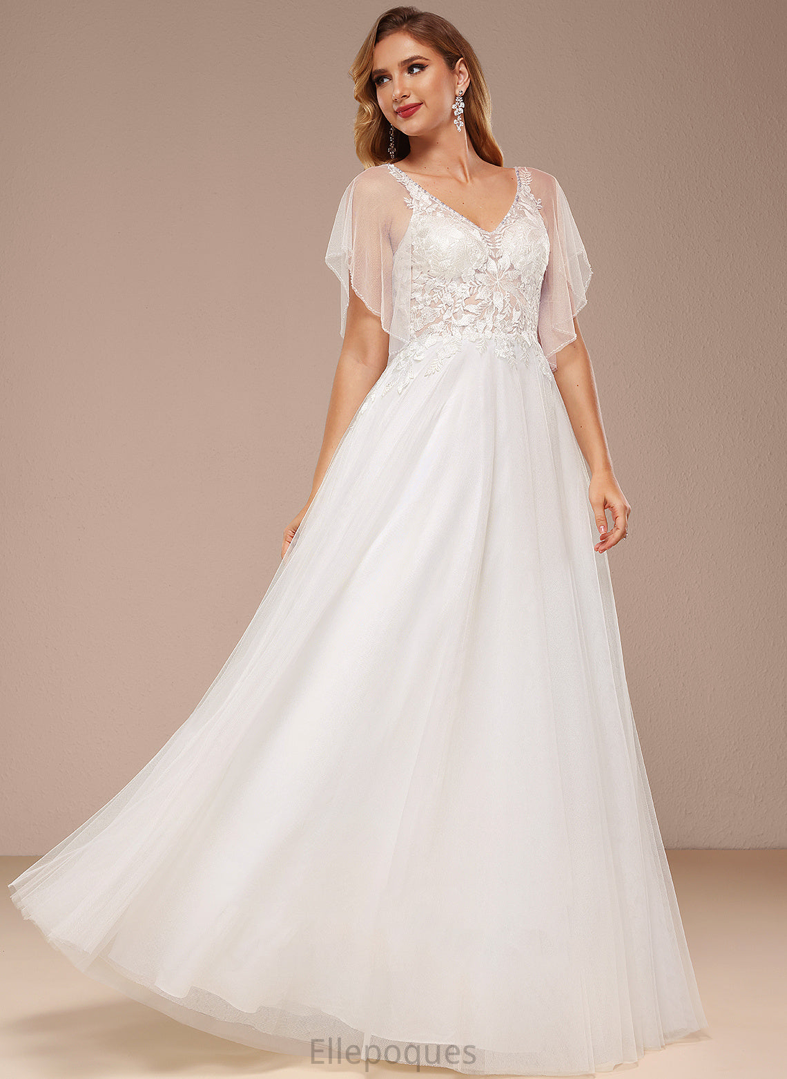 Tulle Floor-Length V-neck Ruffle Sequins Dress A-Line With Courtney Lace Wedding Wedding Dresses