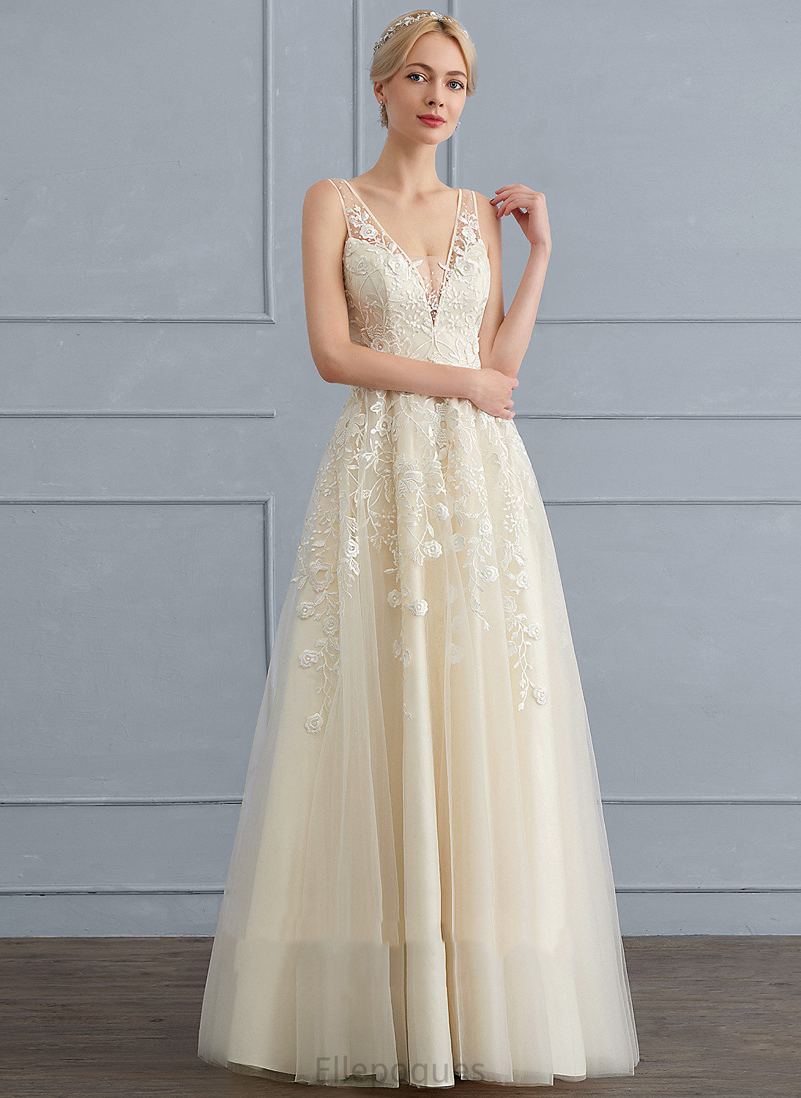 A-Line Sequins Wedding Dresses Floor-Length Lace With V-neck Tulle Estrella Beading Wedding Dress