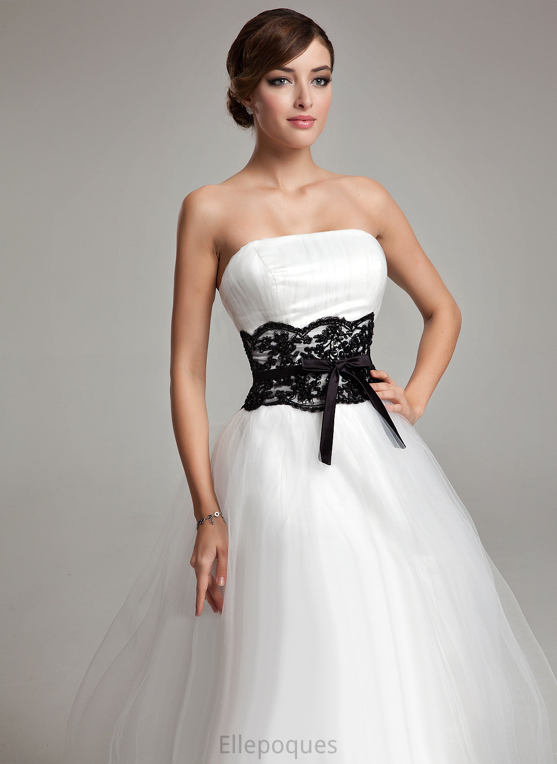 Wedding Wedding Dresses Strapless Beading Tea-Length Tulle Satin With Sash Bow(s) Ball-Gown/Princess Dress Lace Tania