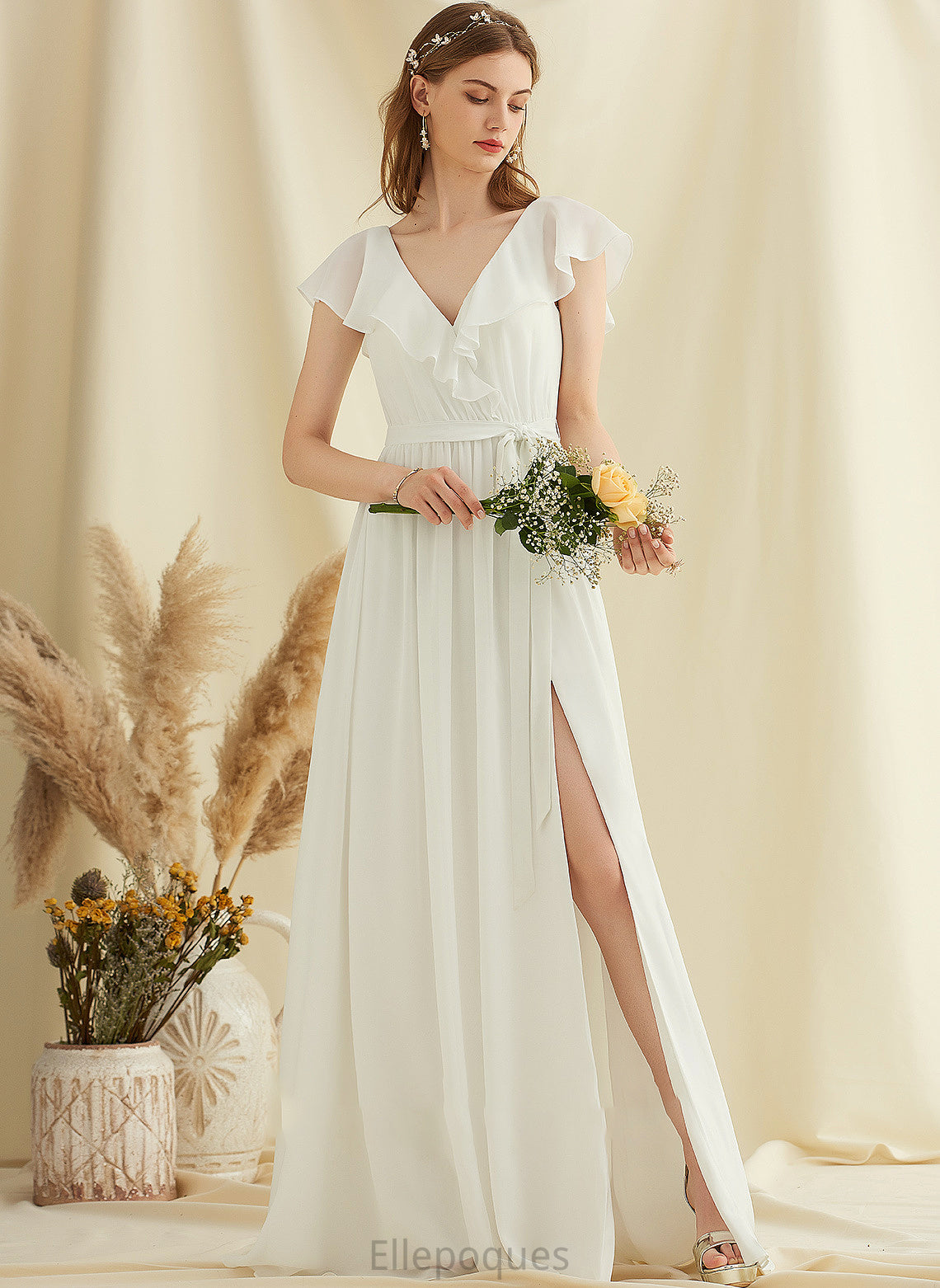 Split Front Floor-Length A-Line Dress Chiffon Ruffles Wedding Mariah With V-neck Wedding Dresses Cascading