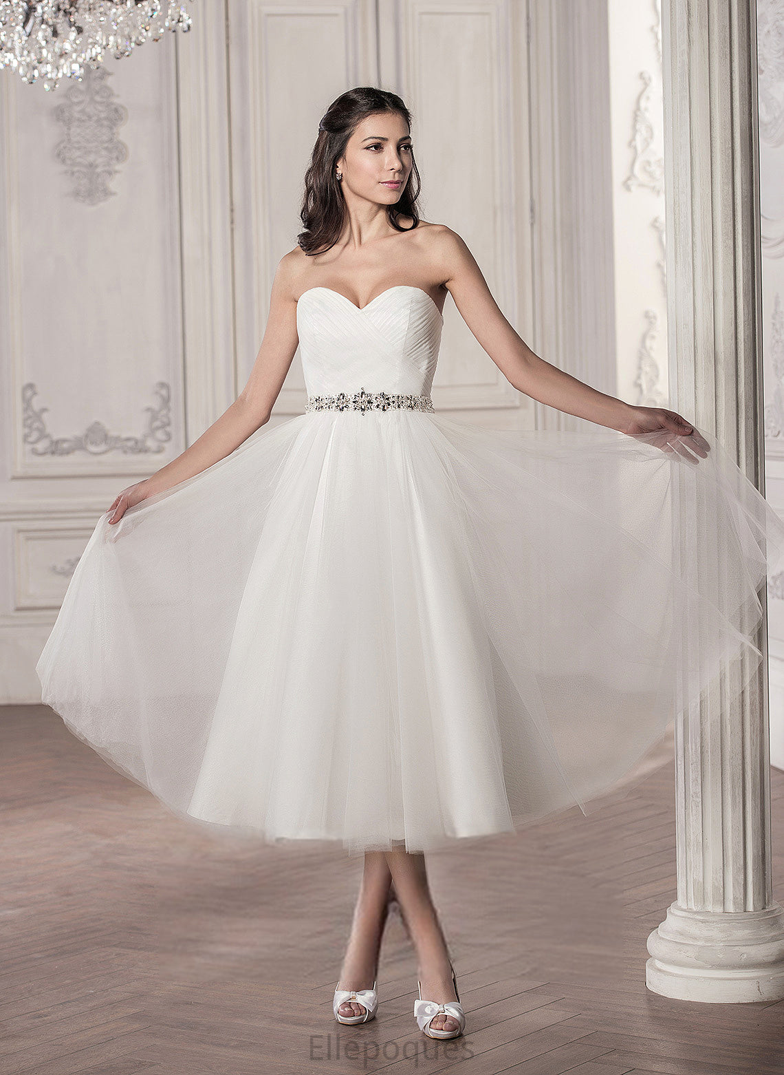 Tulle Sweetheart Satin Ruffle Wedding Wedding Dresses Tea-Length Dress With Sequins Amy A-Line Beading