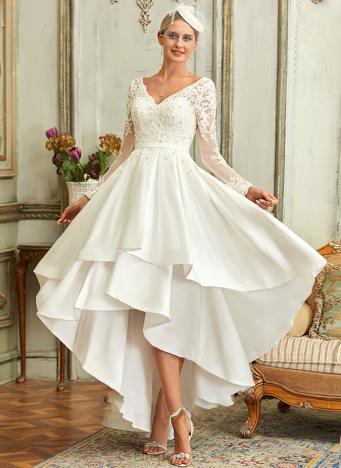 Satin Dress Asymmetrical Lace Wedding Dresses Wedding Angelina V-neck A-Line