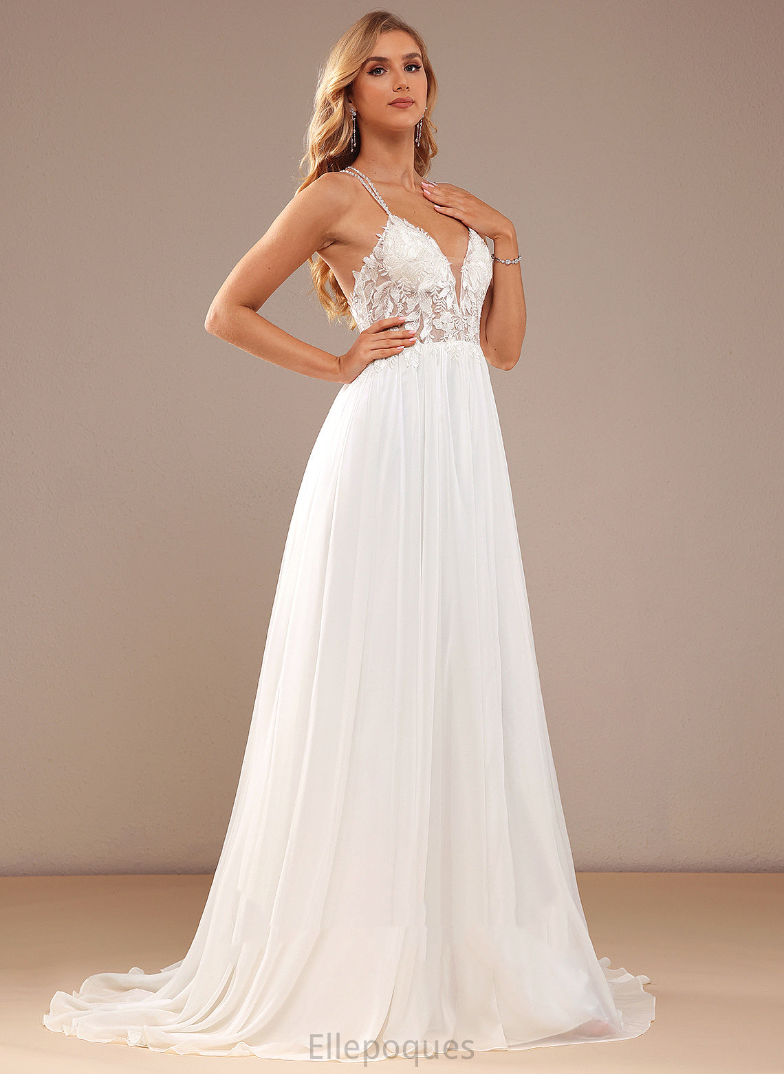 V-neck Lace Taryn Lace With Beading Sequins Dress Wedding A-Line Chiffon Train Sweep Wedding Dresses