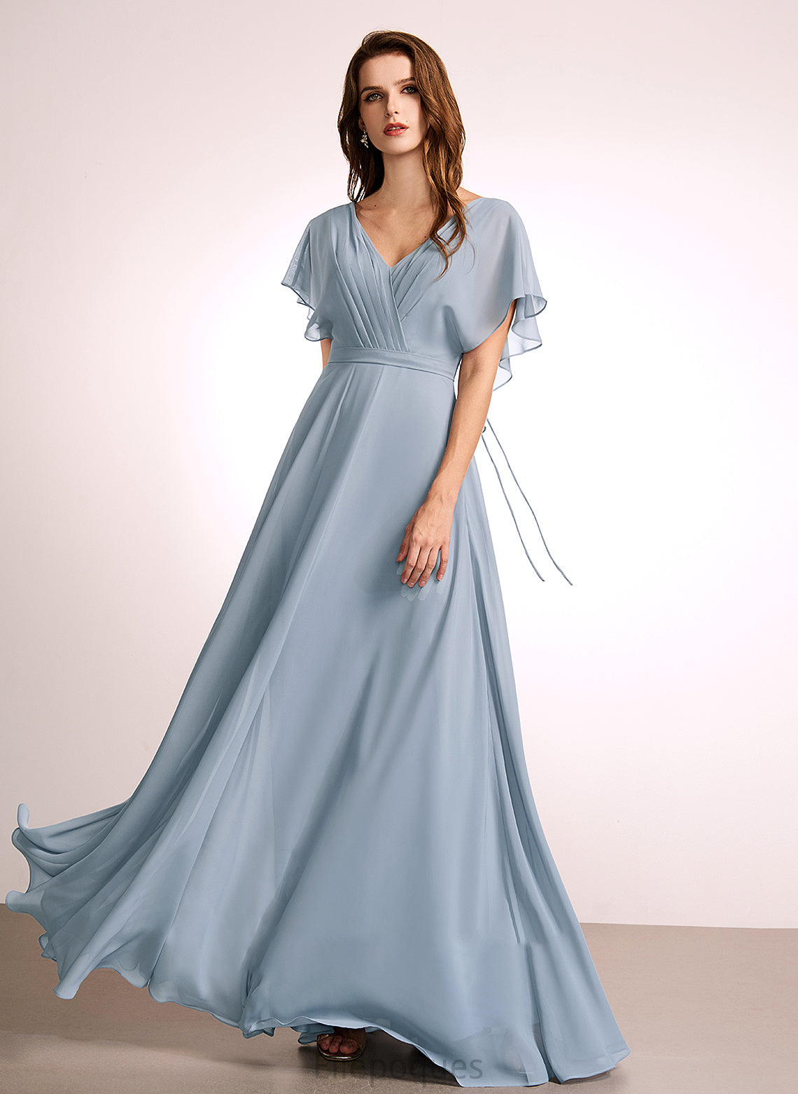 Ruffle Fabric V-neck Silhouette Neckline Floor-Length A-Line Length Embellishment Helena Floor Length Trumpet/Mermaid Bridesmaid Dresses