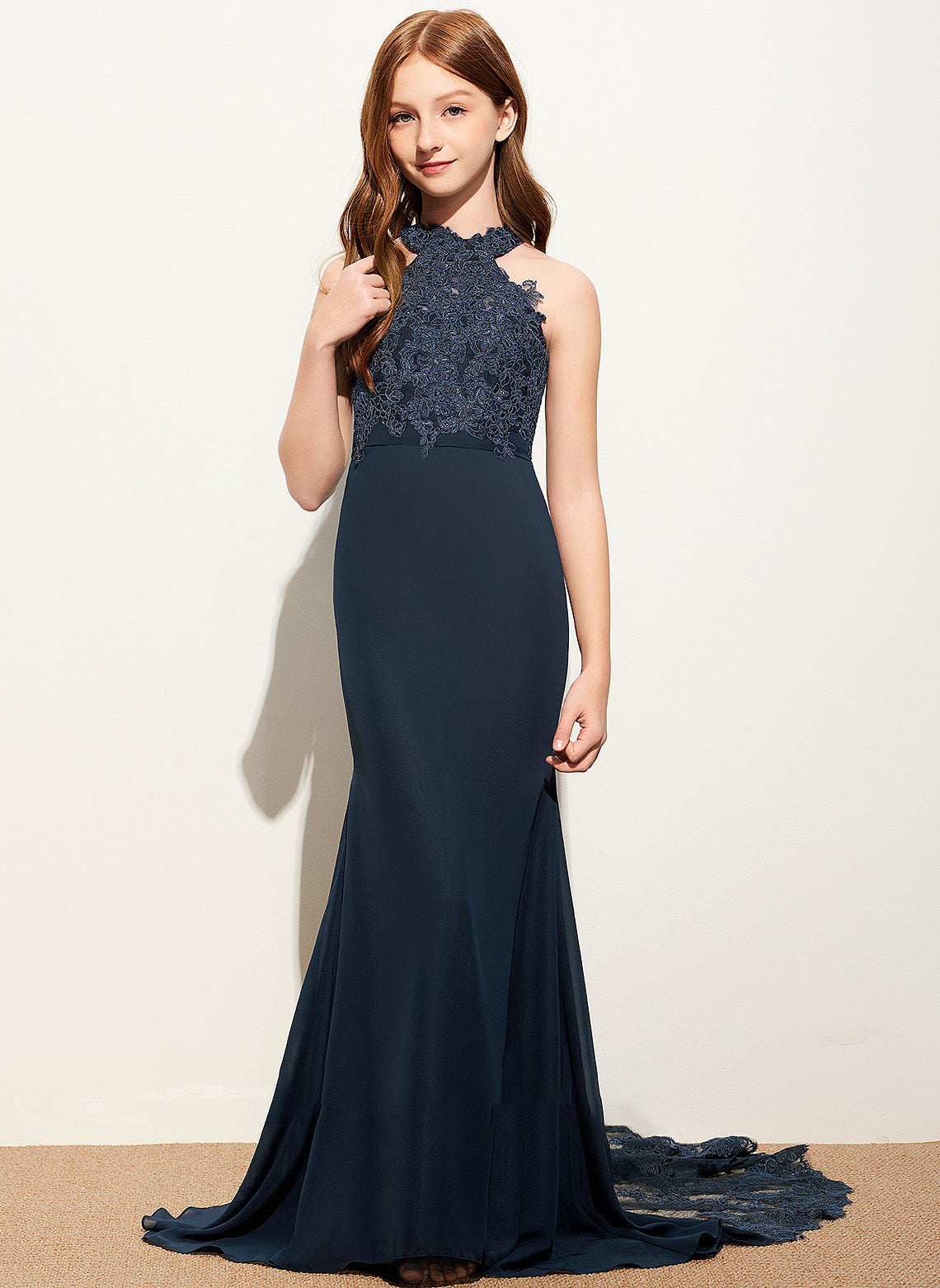 Scoop Chiffon Neck Sweep Train Trumpet/Mermaid Junior Bridesmaid Dresses Lace Abagail