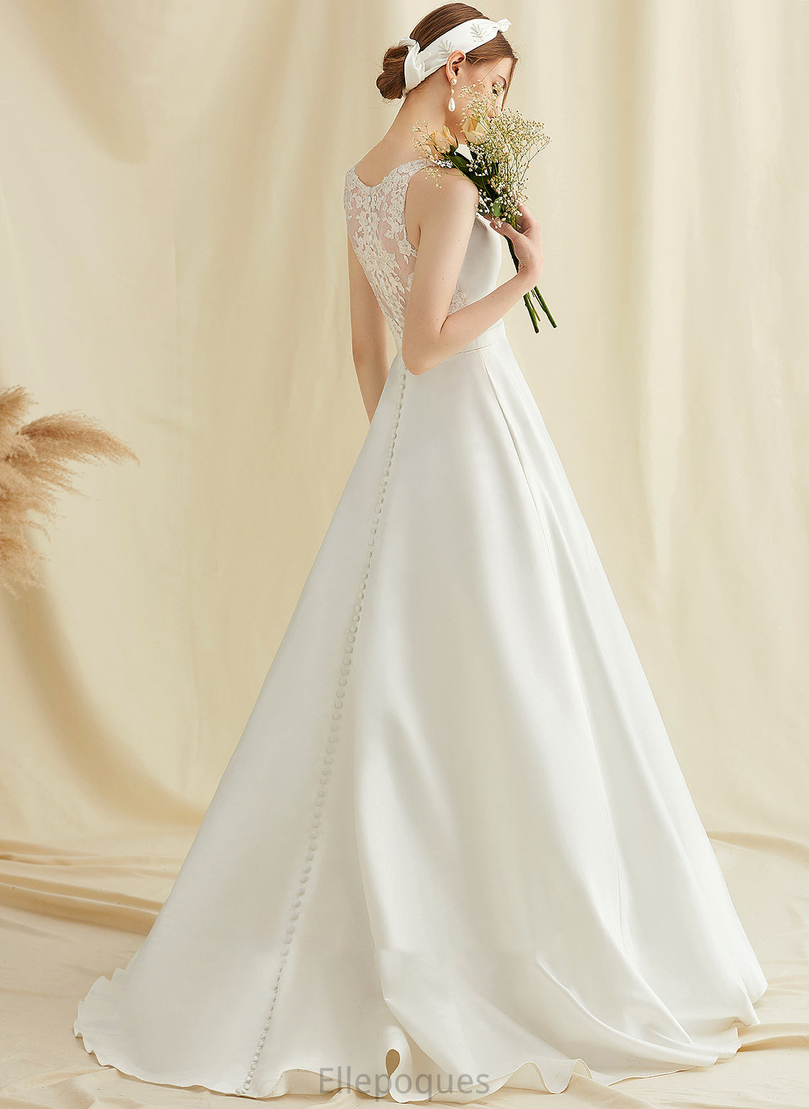 Wedding Dresses Sweep Alexis With V-neck Lace Dress Pockets Train Ball-Gown/Princess Wedding Satin