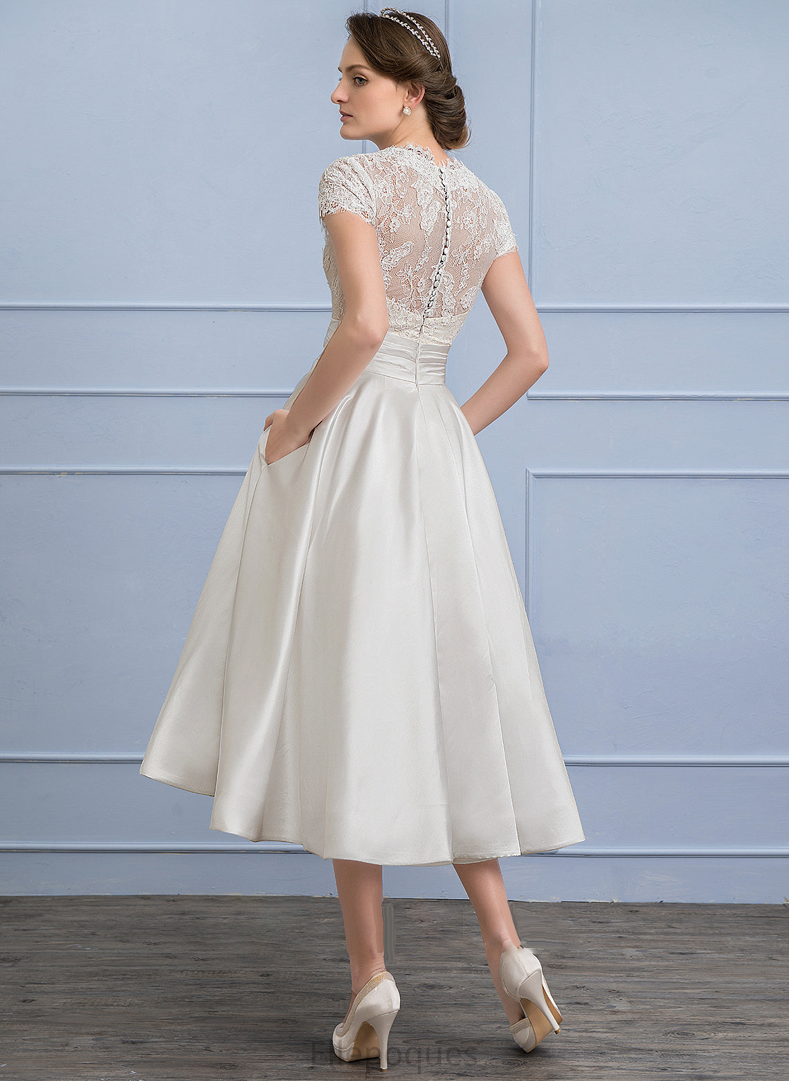 Satin Ruffle Wedding Dresses Tea-Length With Juliana Wedding Pockets V-neck A-Line Dress