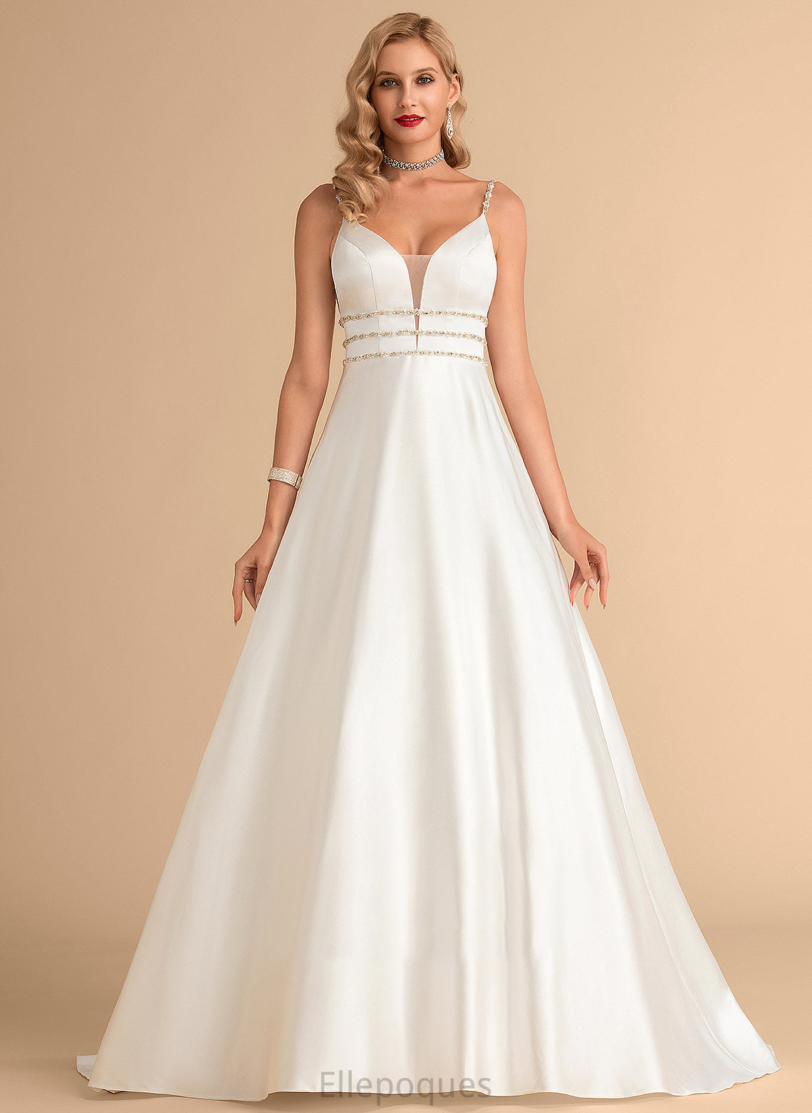 Dress Wedding Dresses Wedding With V-neck Nicola Beading Ball-Gown/Princess Satin Sweep Train