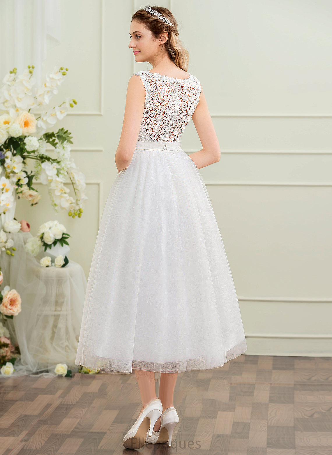 Neck With Dress Ball-Gown/Princess Satin Lace Tulle Wedding Beading Sequins Scoop Aria Tea-Length Wedding Dresses